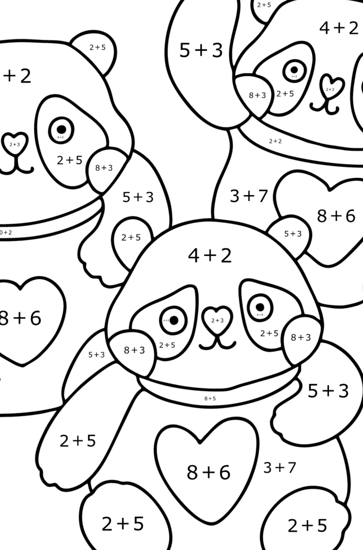 Ausmalbild Kawaii Pandas - Mathe Ausmalbilder - Addition für Kinder