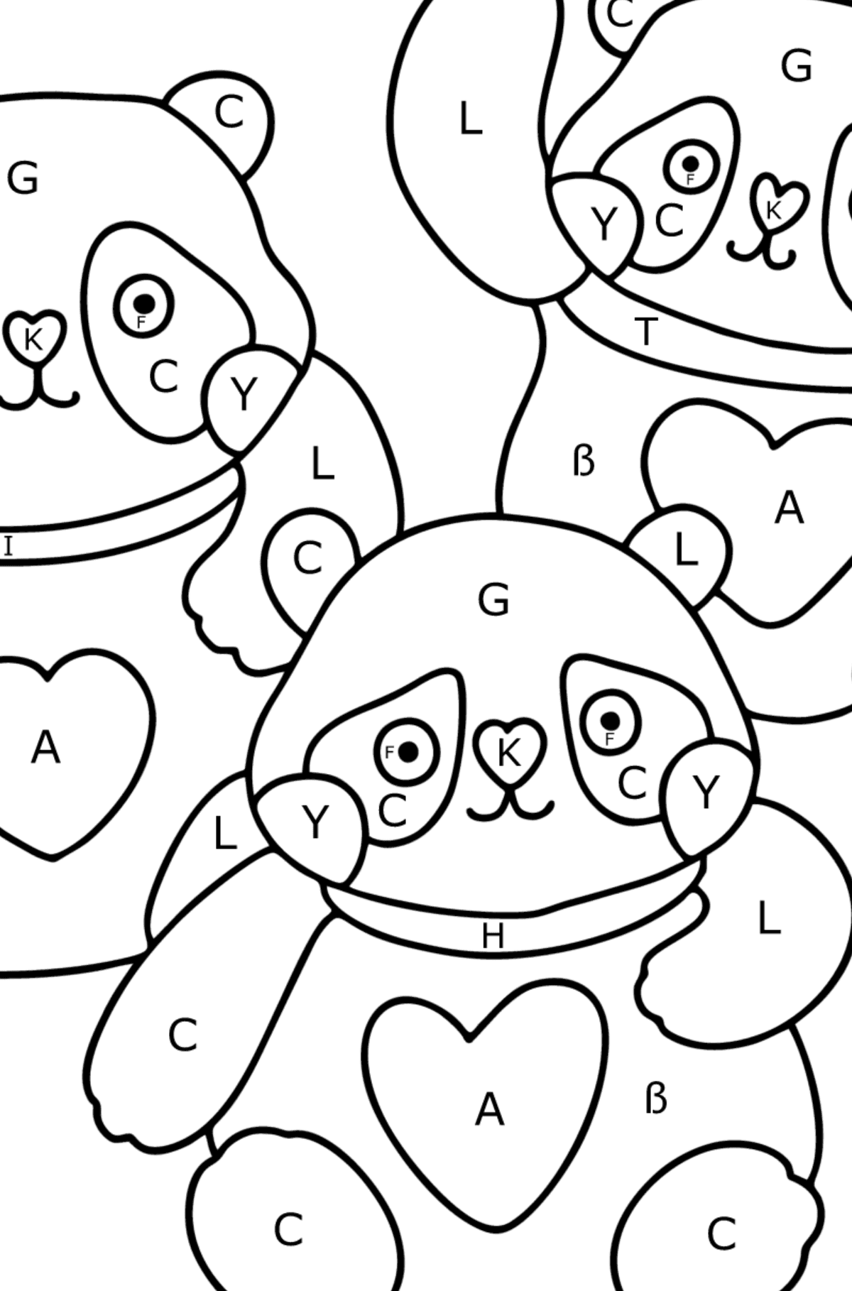 Ausmalbild Kawaii Pandas - Ausmalen nach Buchstaben für Kinder