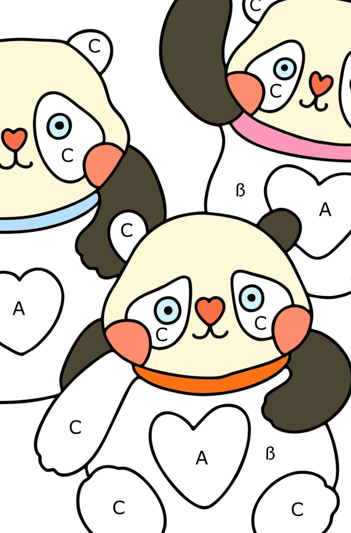Ausmalbild Kawaii Pandas - Ausmalen nach Buchstaben für Kinder