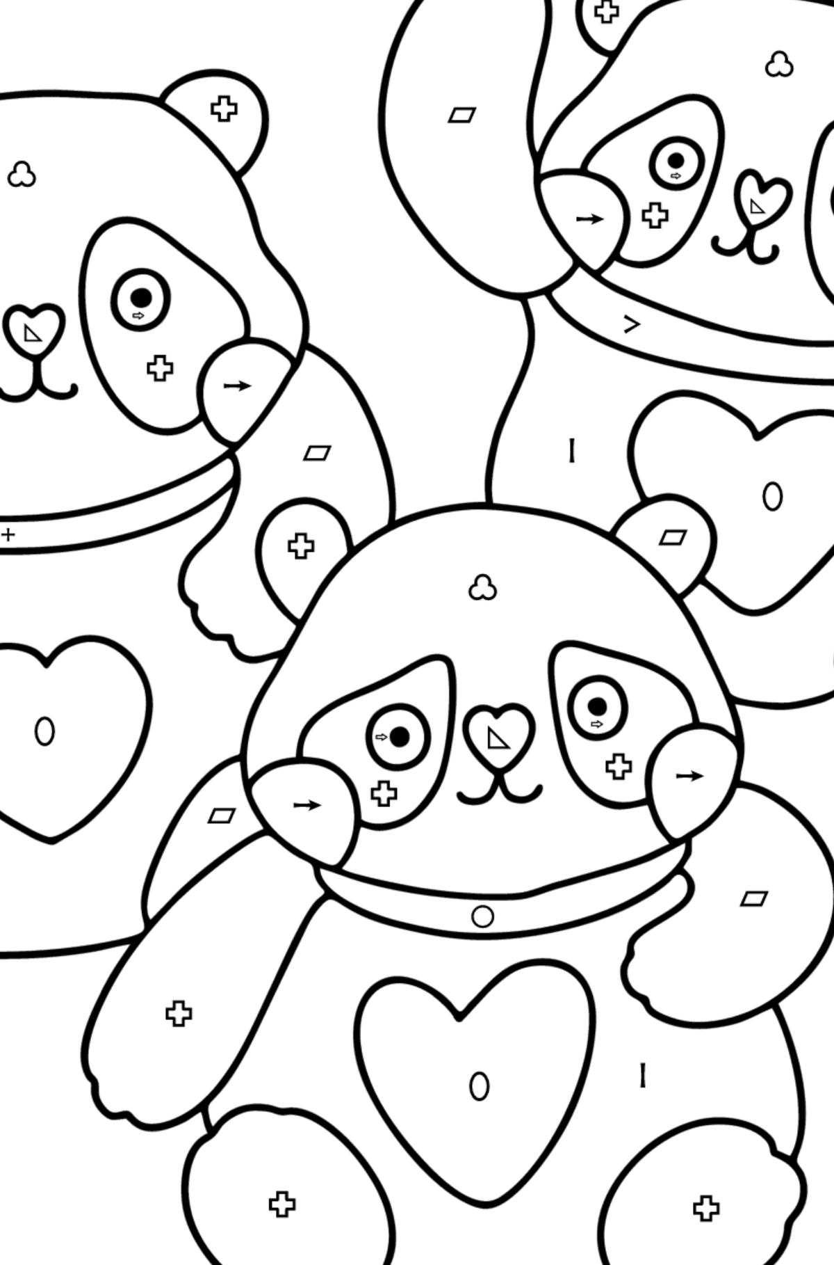 Kolorowanka kawaii pandy - Kolorowanie według symboli i figur geometrycznych dla dzieci