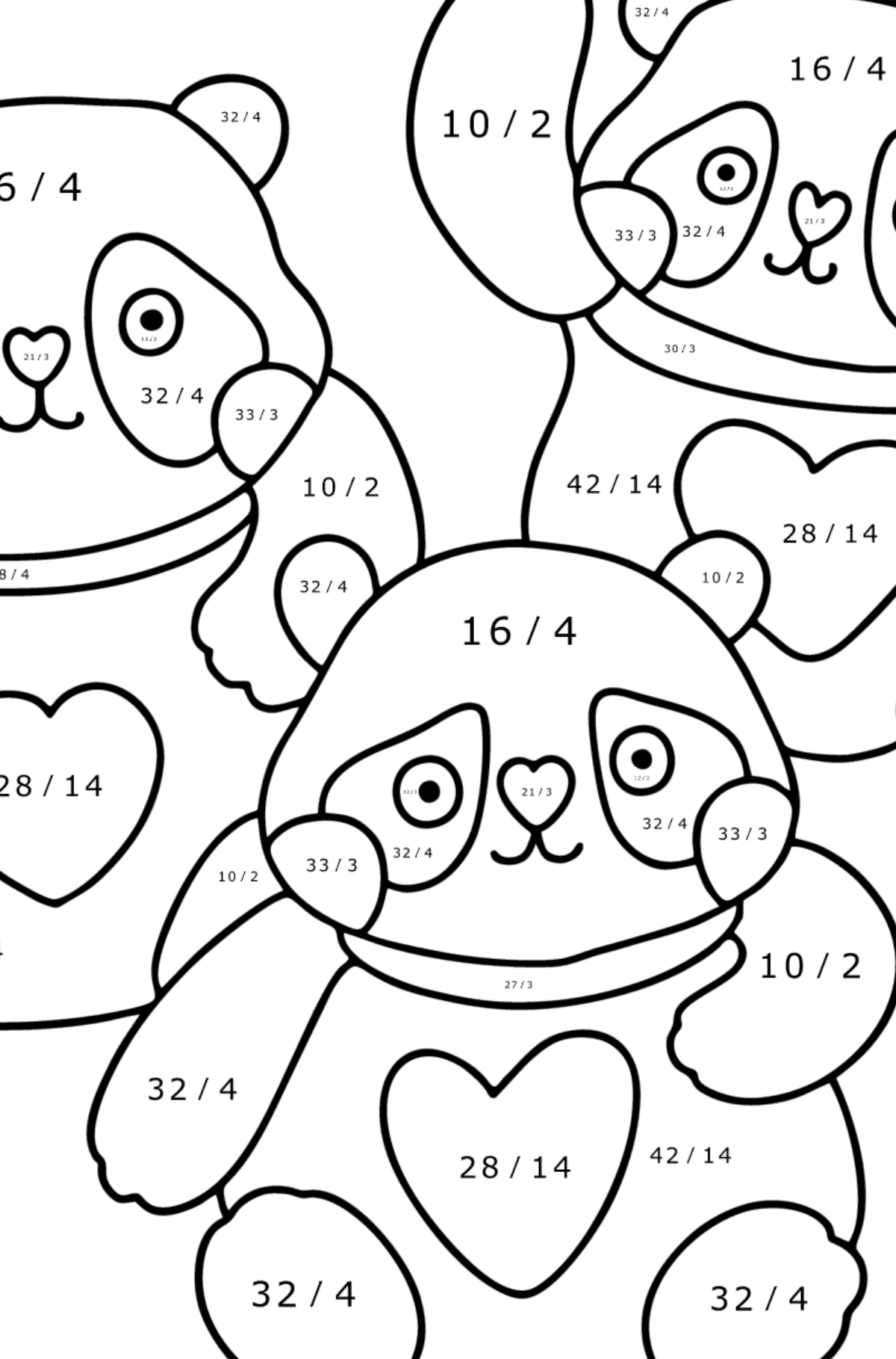 Disegno di panda kawaii da colorare - Colorazione matematica - Divisione per bambini