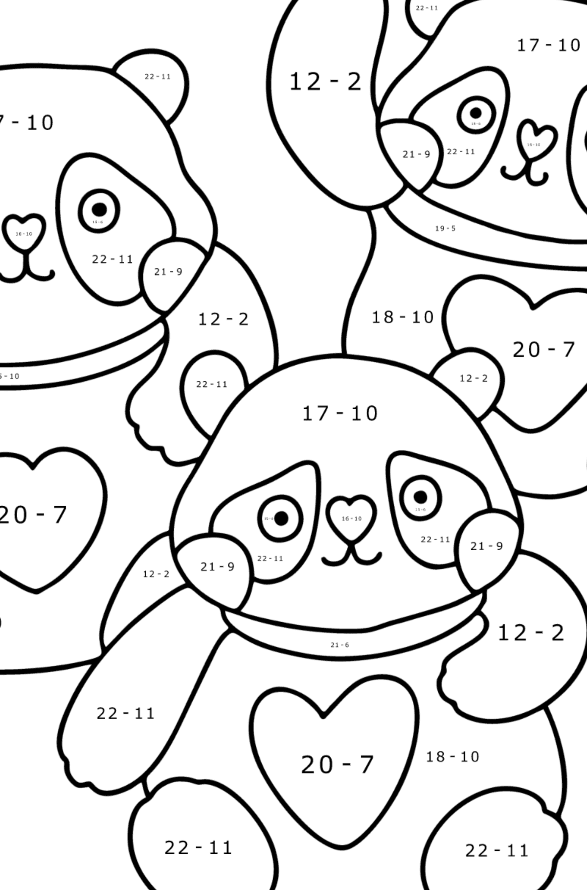 Ausmalbild Kawaii Pandas - Mathe Ausmalbilder - Subtraktion für Kinder