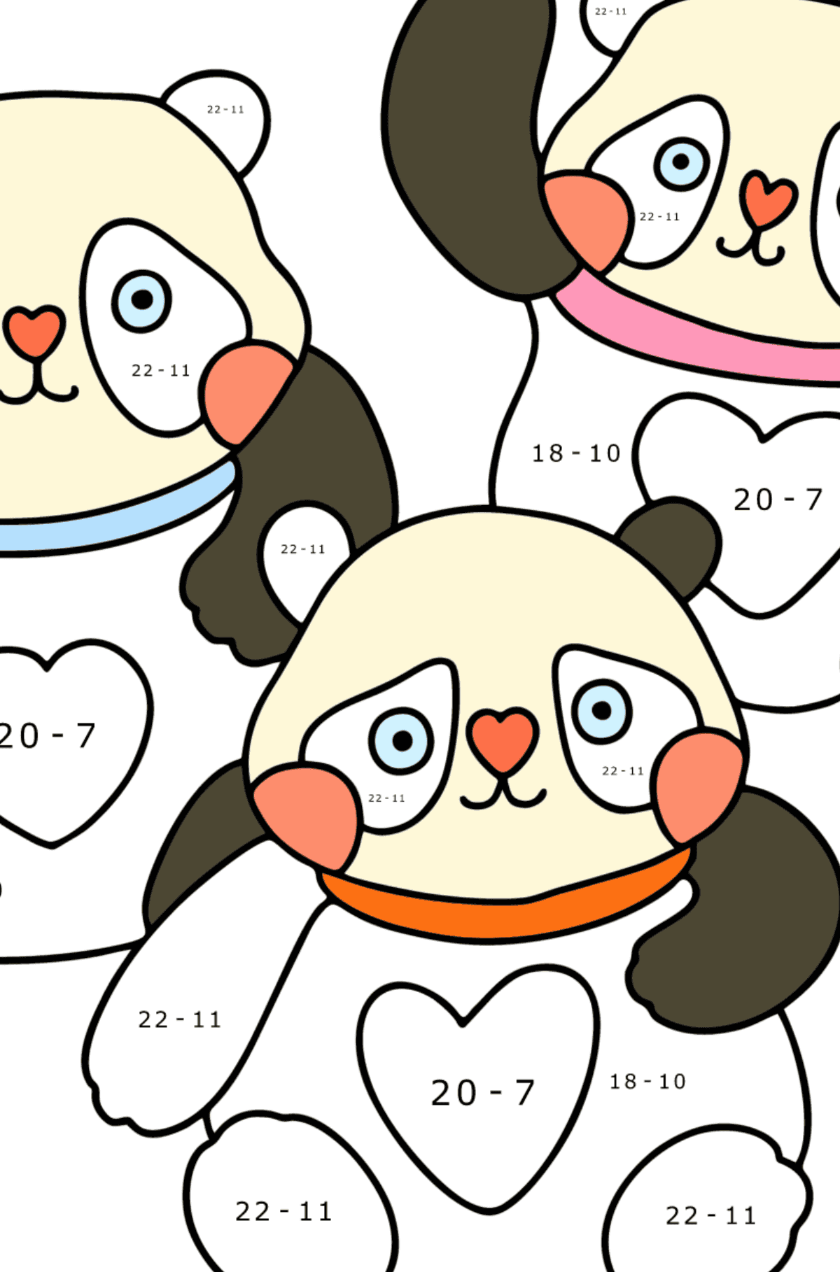 Desenho de pandas kawaii para colorir - Colorindo com Matemática - Subtração para Crianças