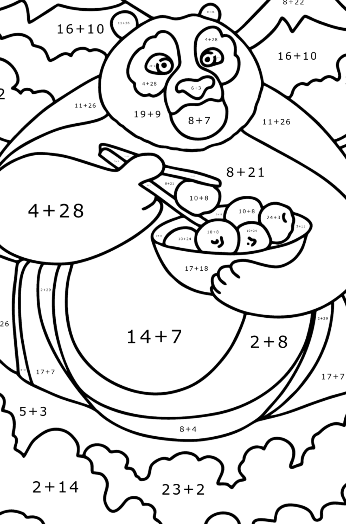 Disegno di Panda di kung fu Po da colorare - Colorazione matematica - Addizione per bambini