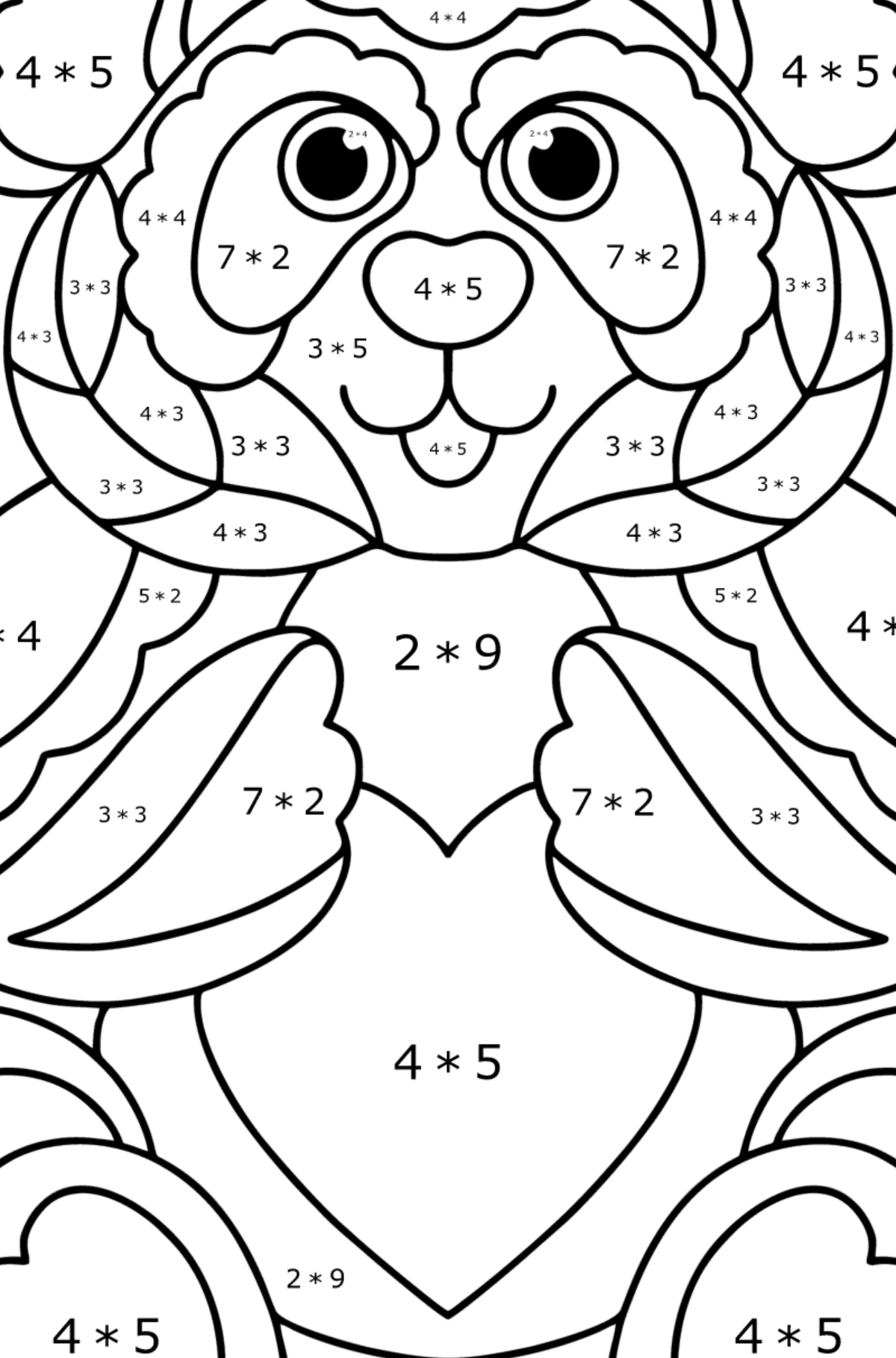 Disegno di Panda antistress da colorare - Colorazione matematica - Moltiplicazione per bambini