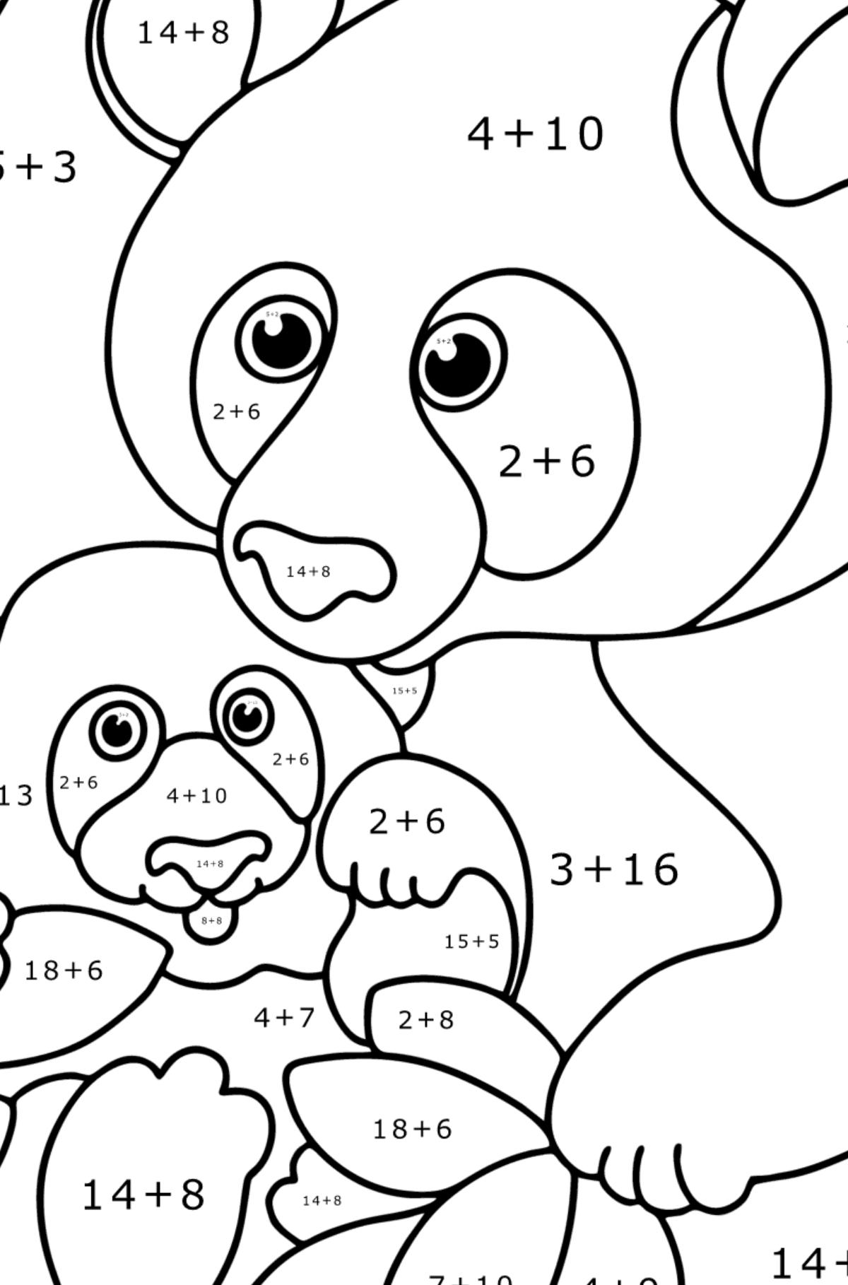 Ausmalbild Großer Panda mit einem Jungen - Mathe Ausmalbilder - Addition für Kinder