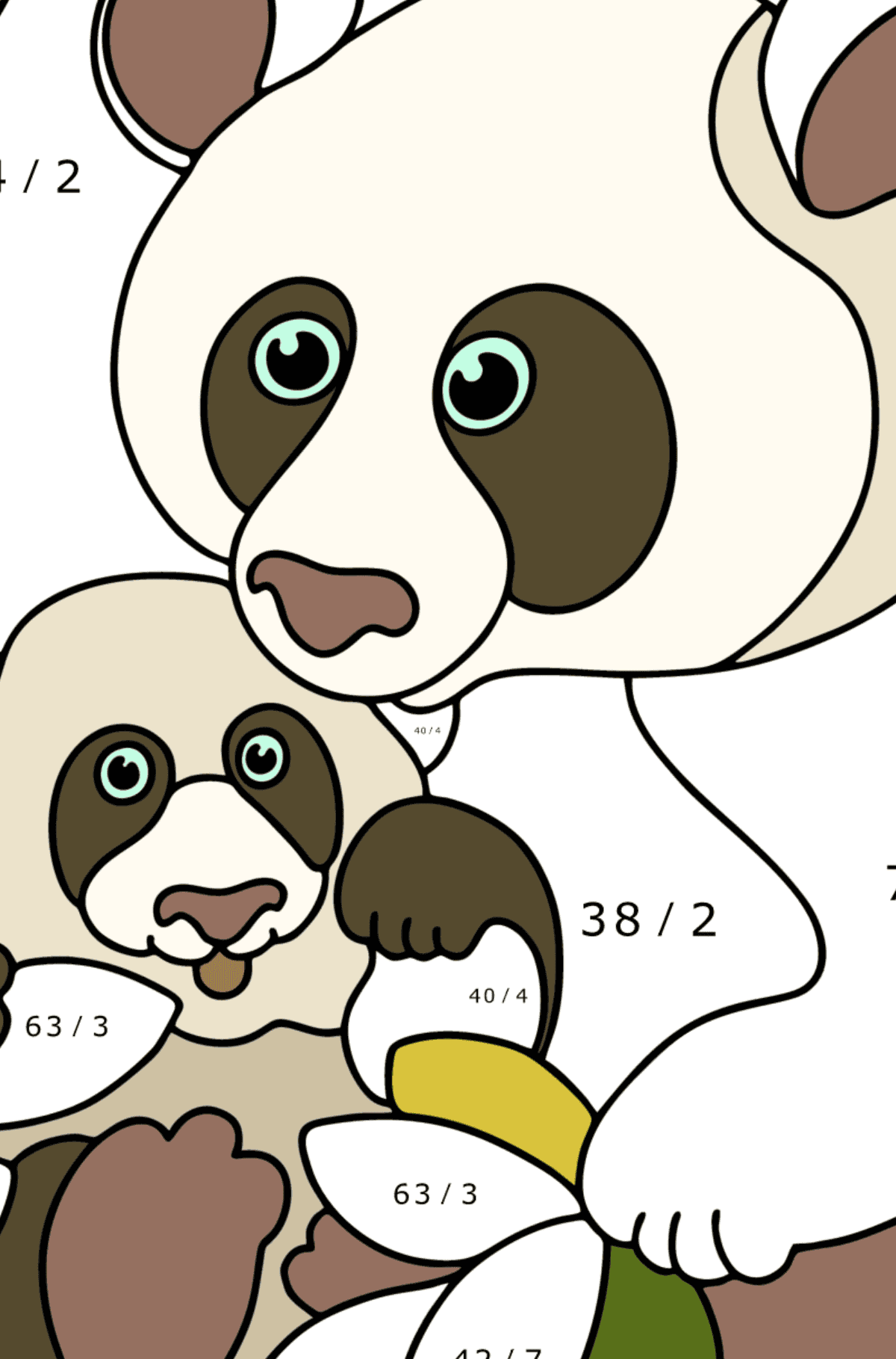Desenho de Panda gigante com um filhote para colorir - Colorindo com Matemática - Divisão para Crianças