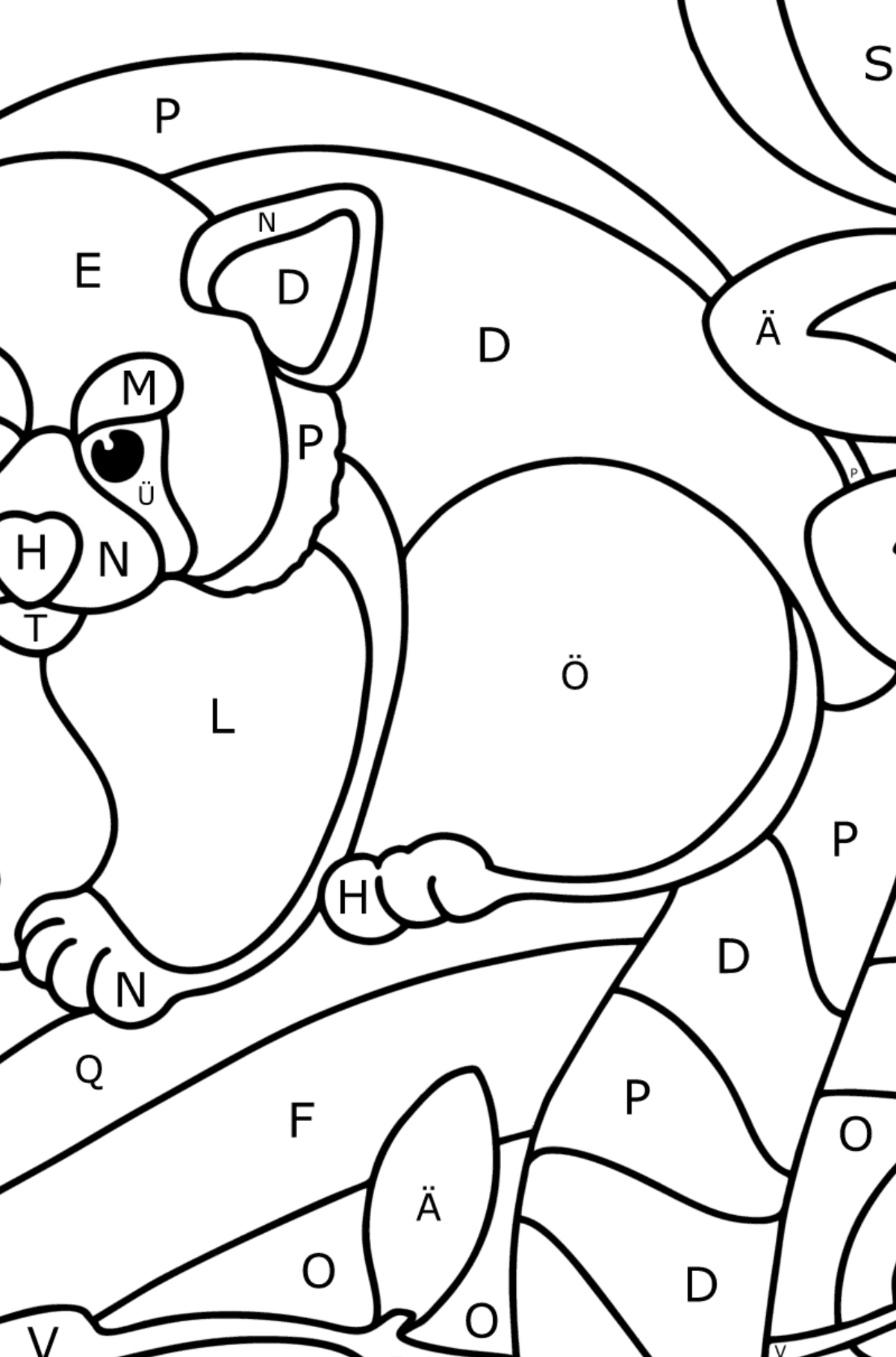 Ausmalbild roter Panda - Ausmalen nach Buchstaben für Kinder