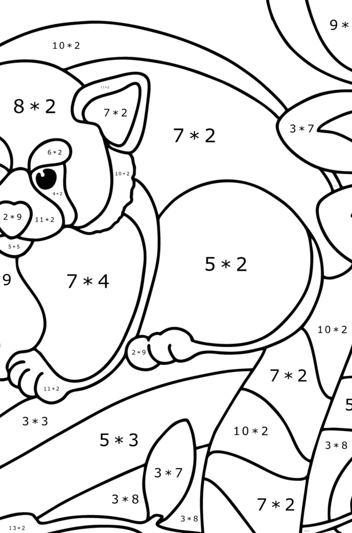 Ausmalbild roter Panda - Mathe Ausmalbilder - Multiplikation für Kinder