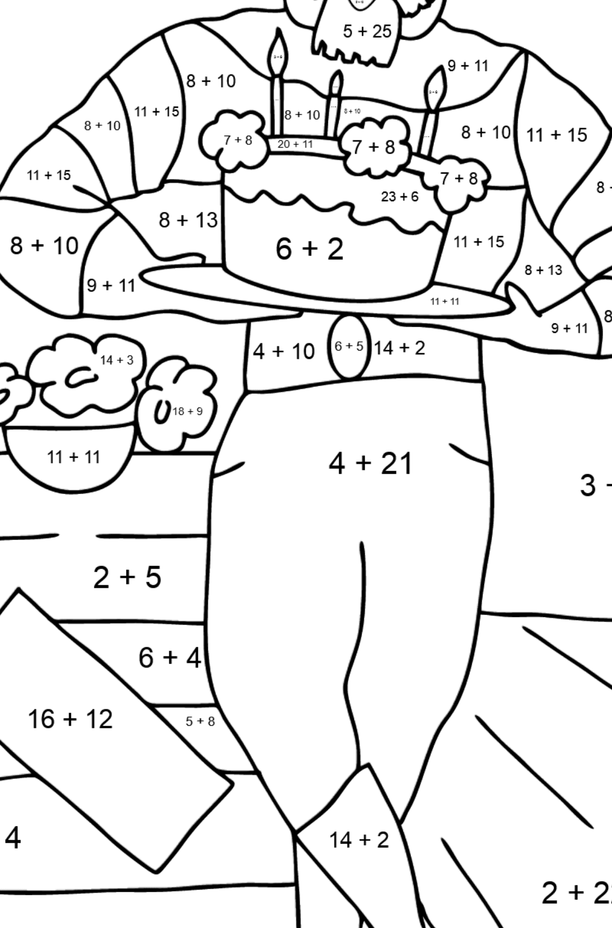 Coloring Page - A Pirate is Celebrating his Birthday - Math Coloring - Addition for Kids