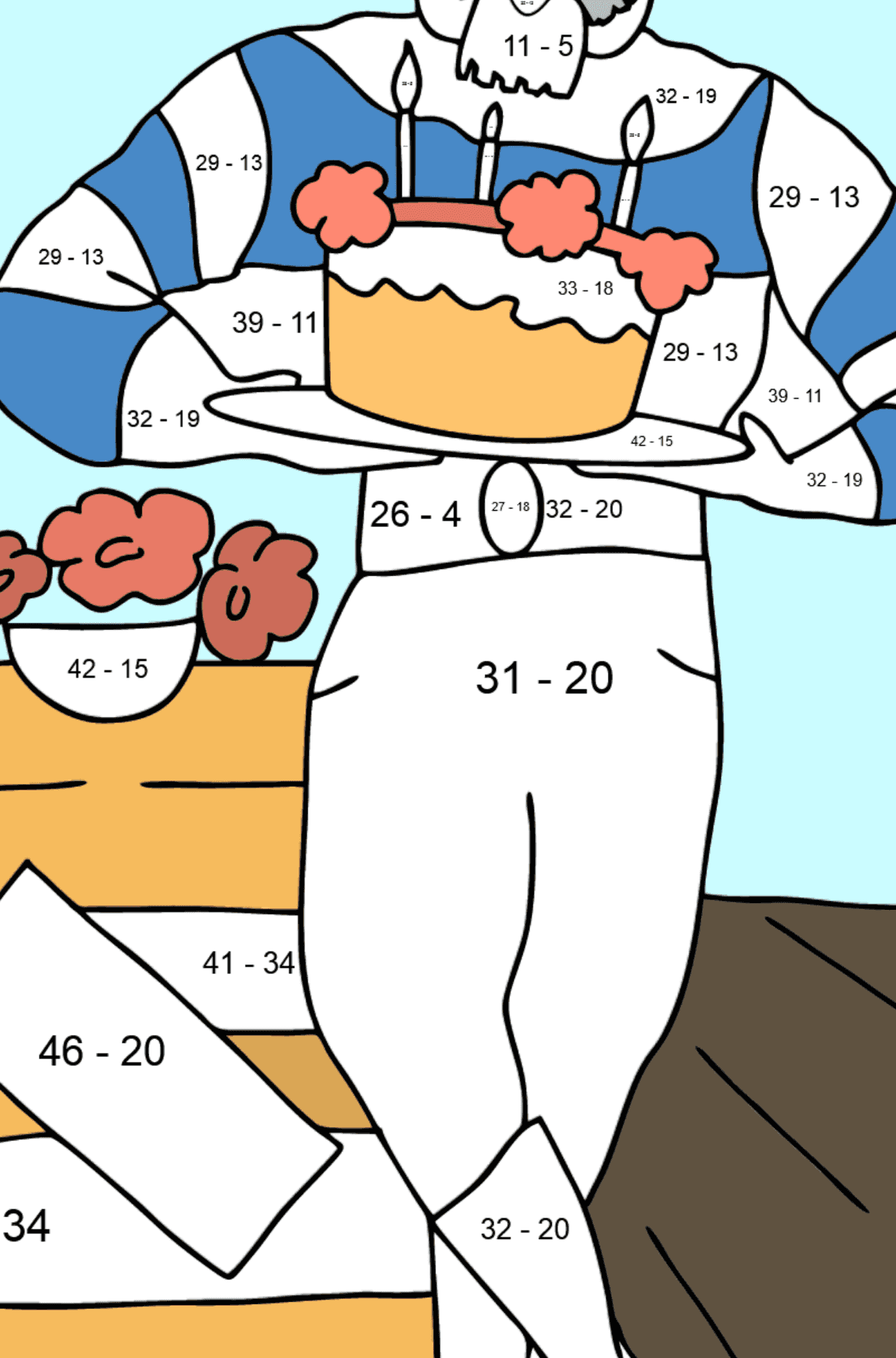 Piraten-Geburtstags-Malseite (schwer) - Mathe Ausmalbilder - Subtraktion für Kinder