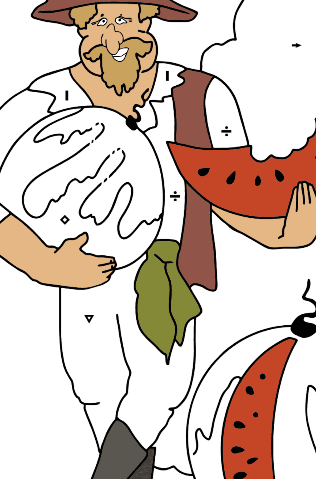 Coloring Page - A Pirate is Eating a Tasty Watermelon - Coloring by Symbols for Kids