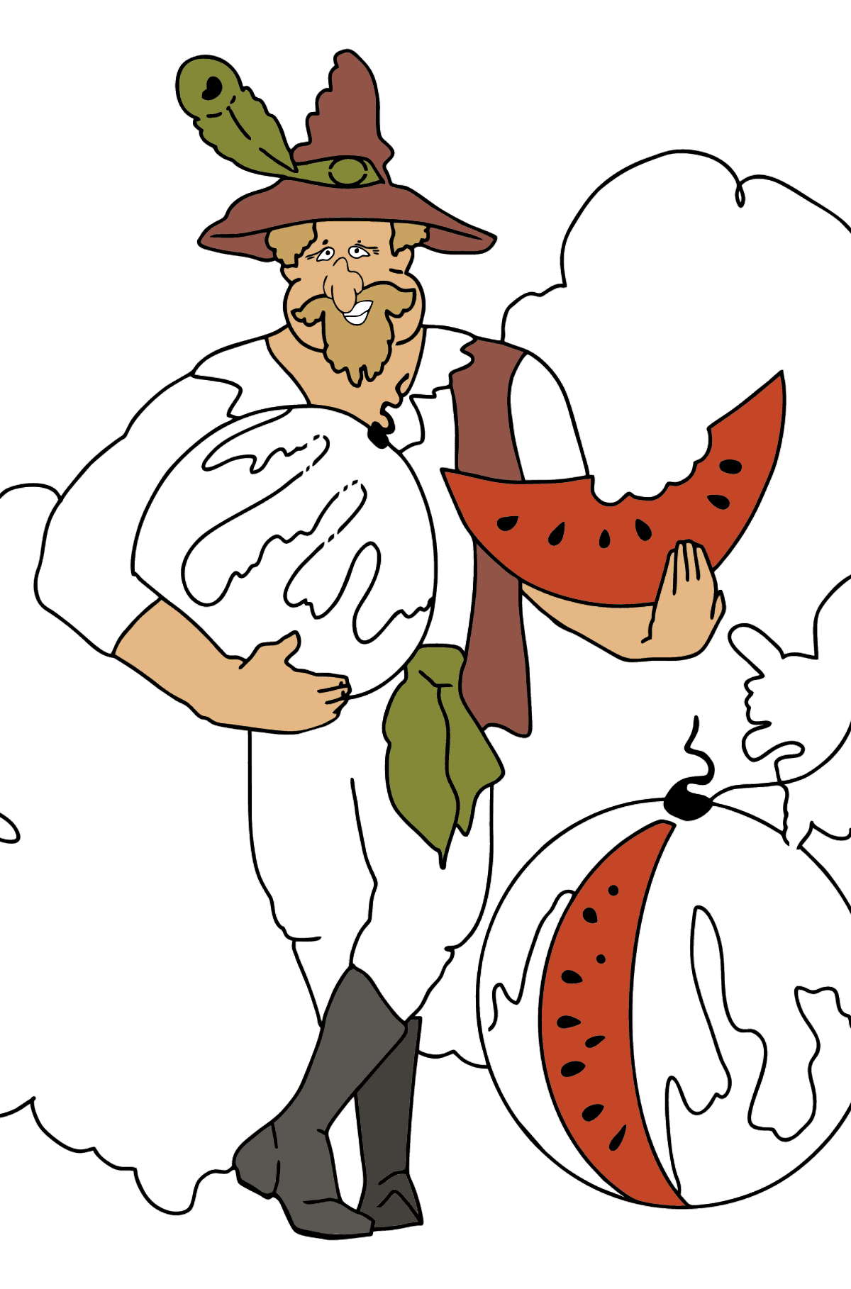 Coloriage - Un pirate qui mange une pastèque savoureuse - Coloriages pour les Enfants