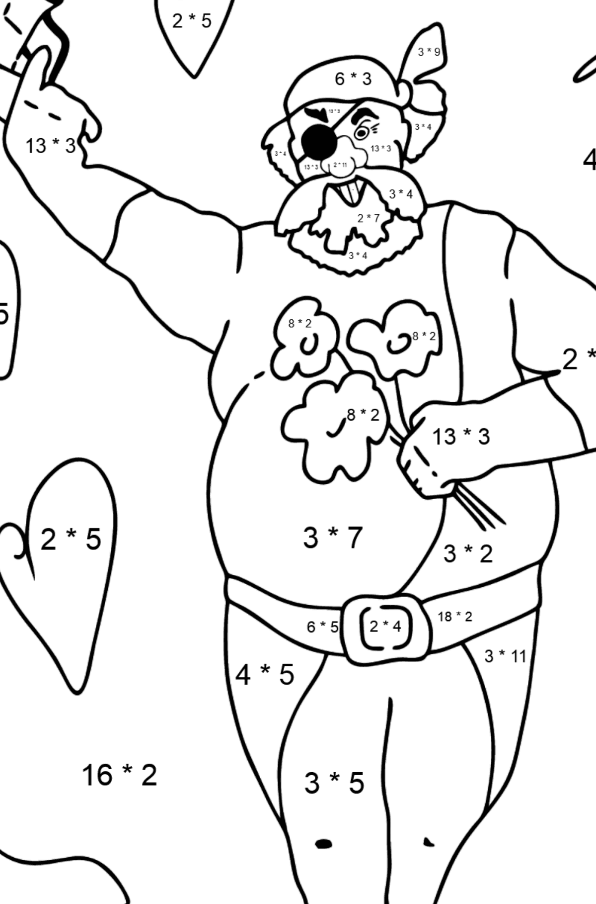 Malvorlage - Ein Pirat ist verliebt - Mathe Ausmalbilder - Multiplikation für Kinder