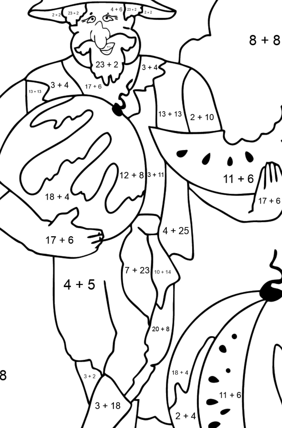Coloring Page - A Pirate is Sharing a Ripe Watermelon - Math Coloring - Addition for Kids