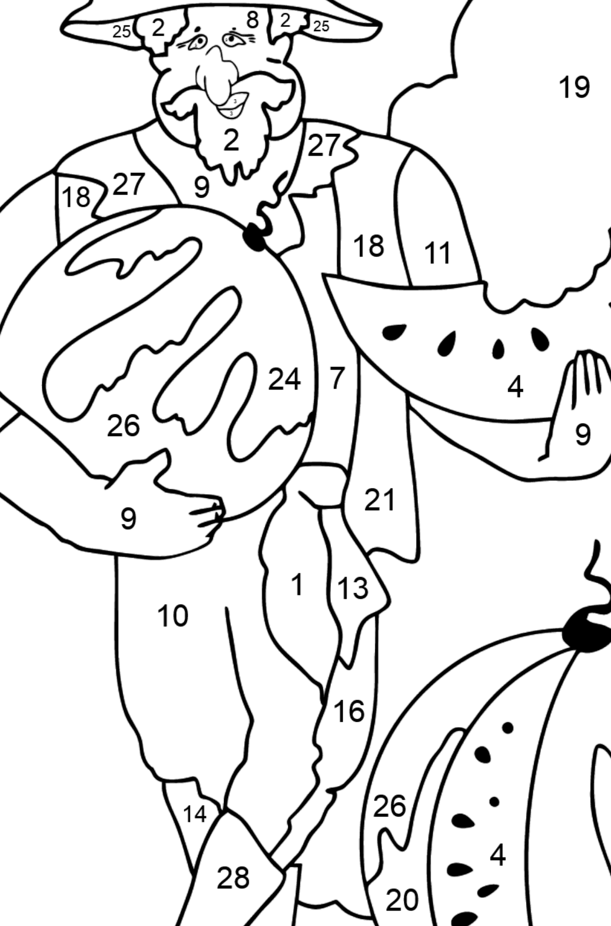 Coloring Page - A Pirate is Sharing a Ripe Watermelon - Coloring by Numbers for Kids