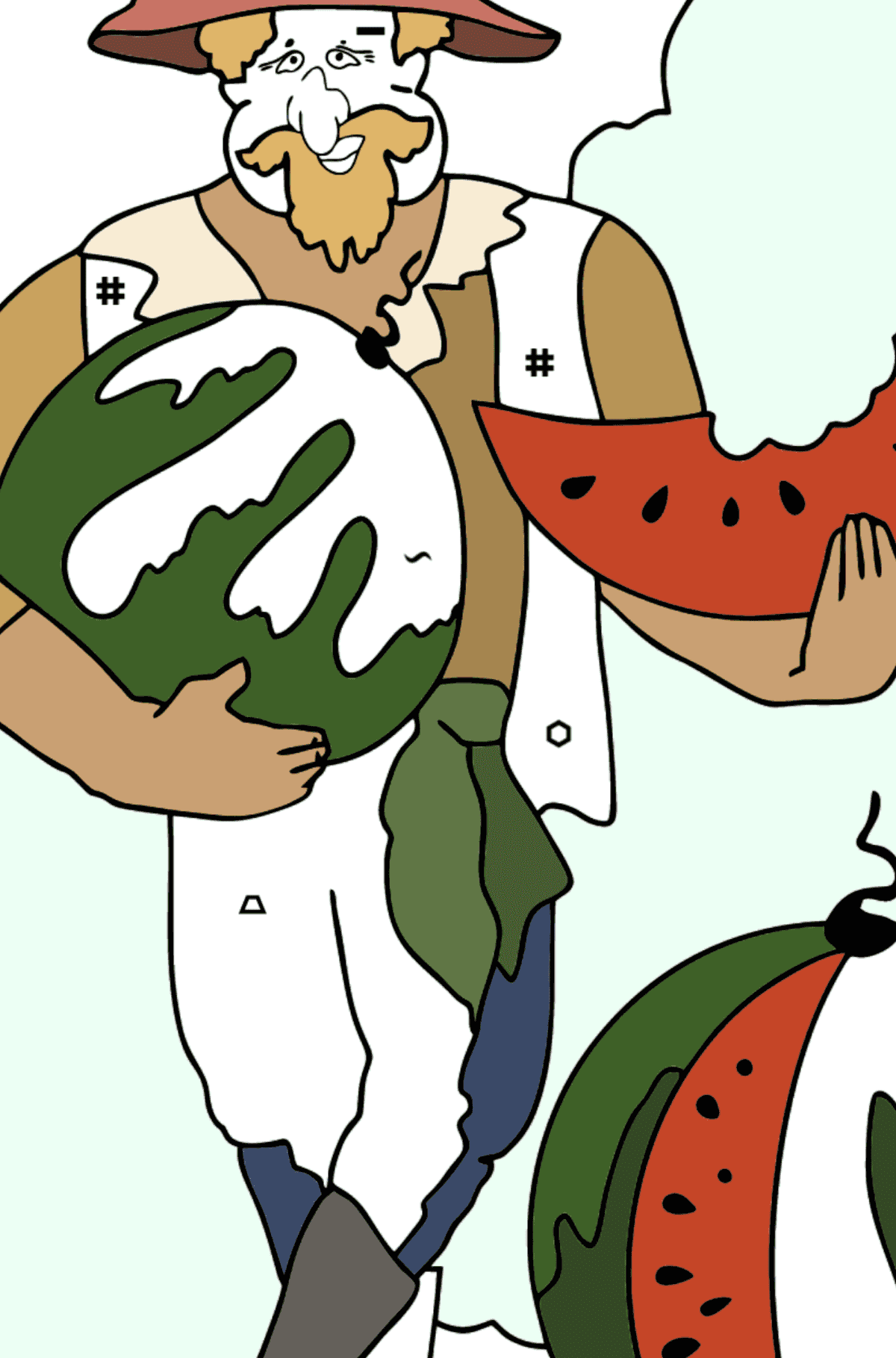 Ein Pirat teilt sich eine reife Wassermelone zum Ausmalen - Ausmalen nach Symbolen für Kinder