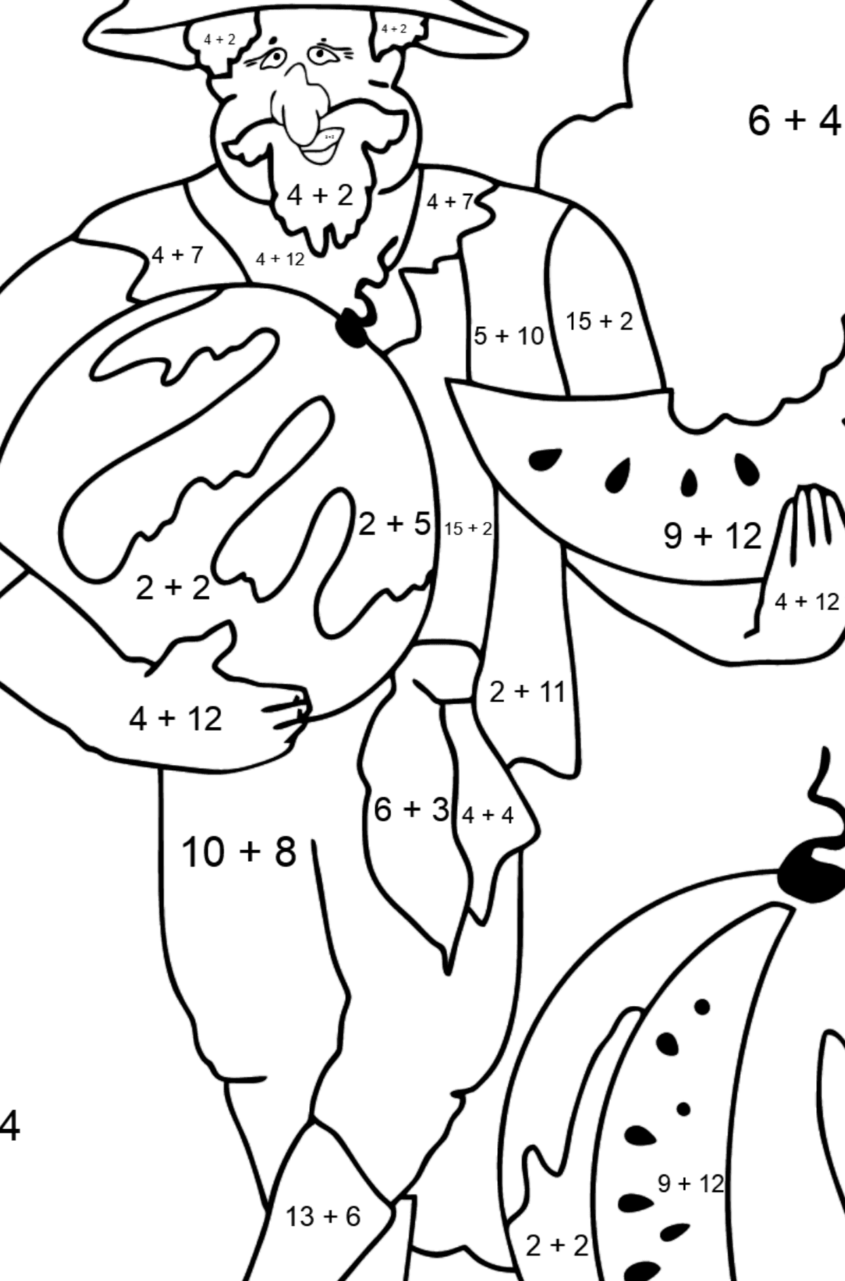 Malvorlage - Ein Pirat mit einer Wassermelone - Mathe Ausmalbilder - Addition für Kinder