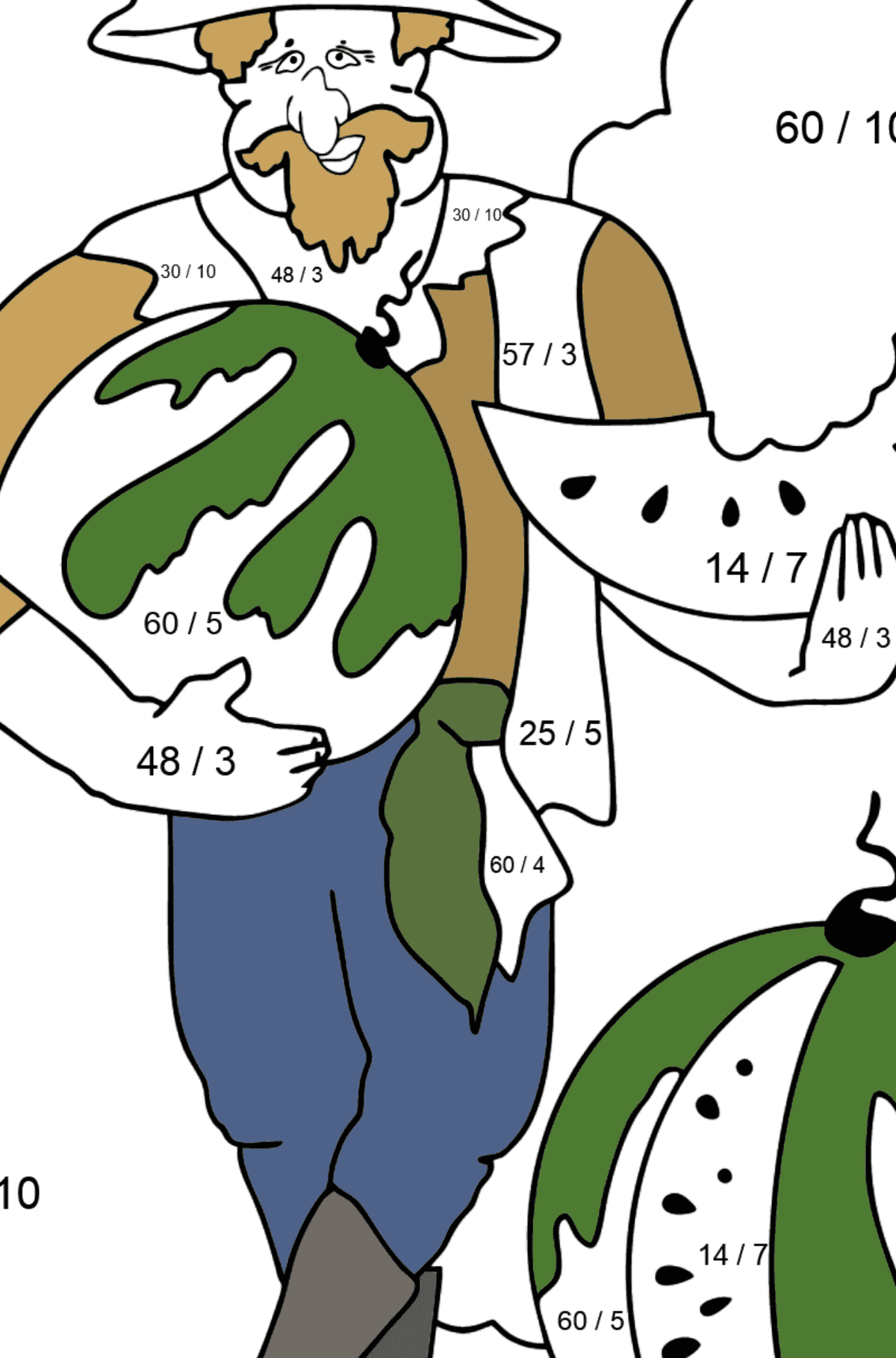 Coloring Page - A Pirate with a Watermelon - Math Coloring - Division for Kids