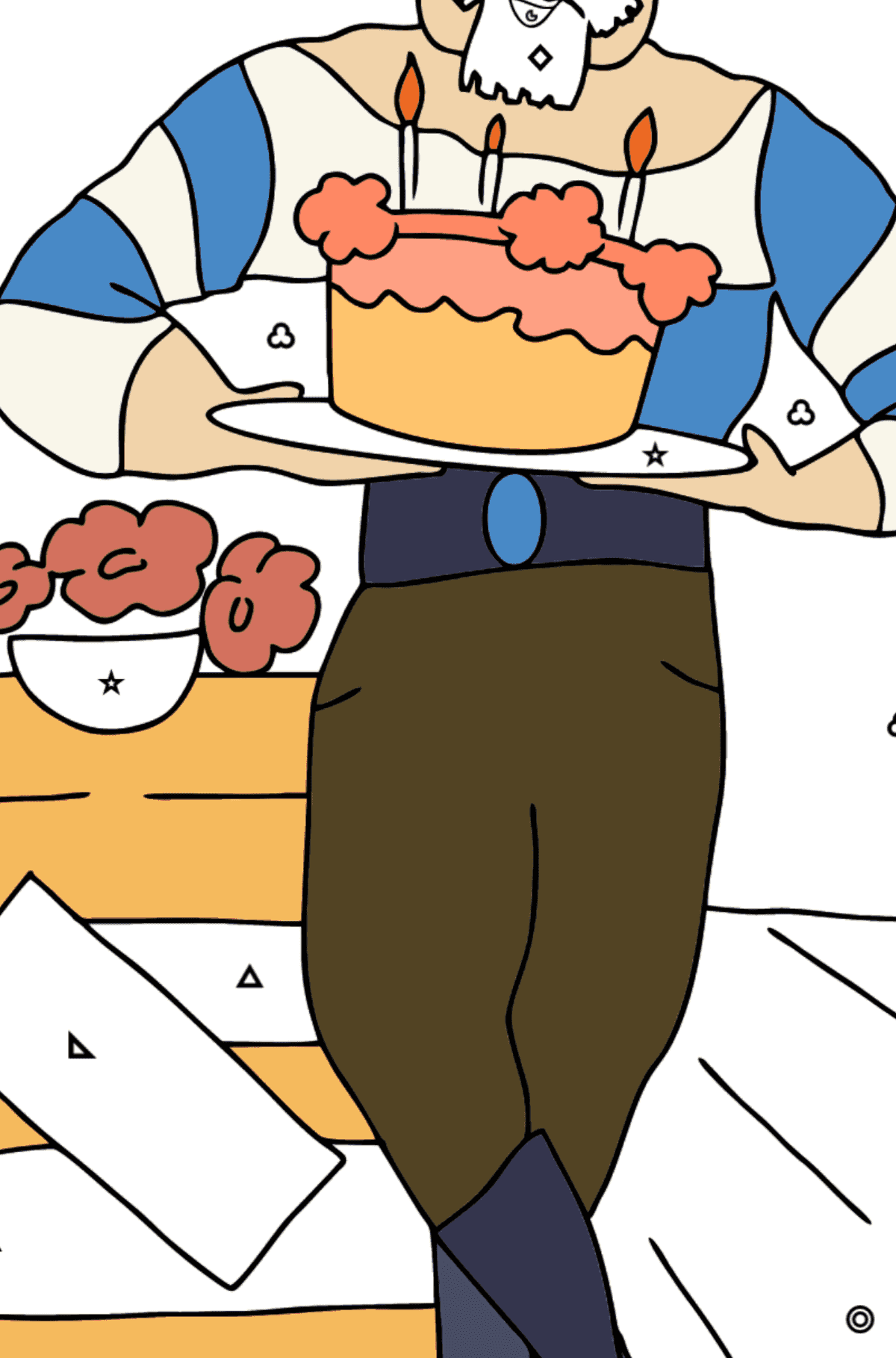Coloring Page - A Pirate with Cake - Coloring by Geometric Shapes for Kids