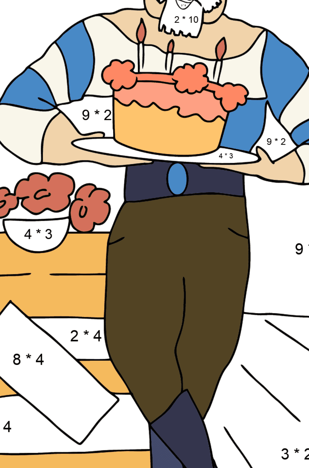 Coloriage - un pirate avec un gâteau - Coloriage Magique Multiplication pour les Enfants