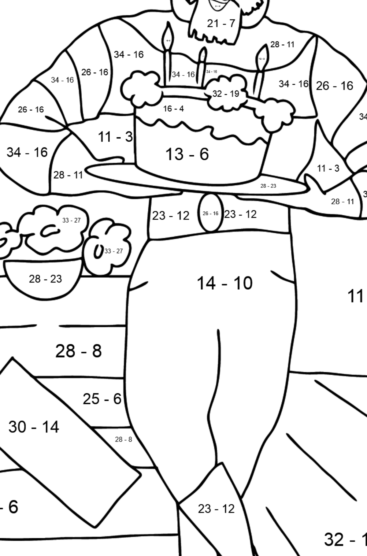 Coloring Page - A Pirate with Cake - Math Coloring - Subtraction for Kids