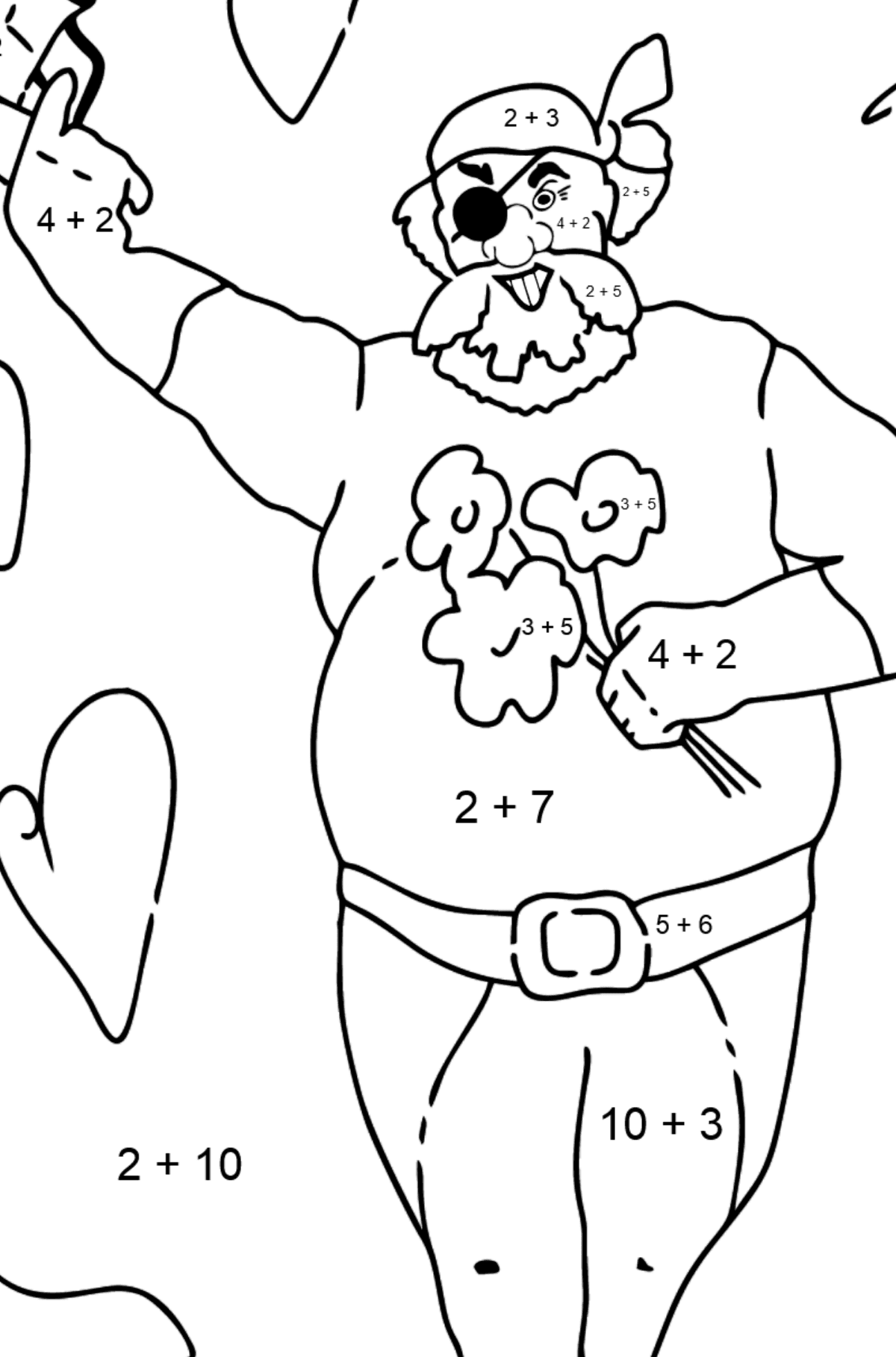 Ausmalbild - Ein Pirat mit Blumen - Mathe Ausmalbilder - Addition für Kinder