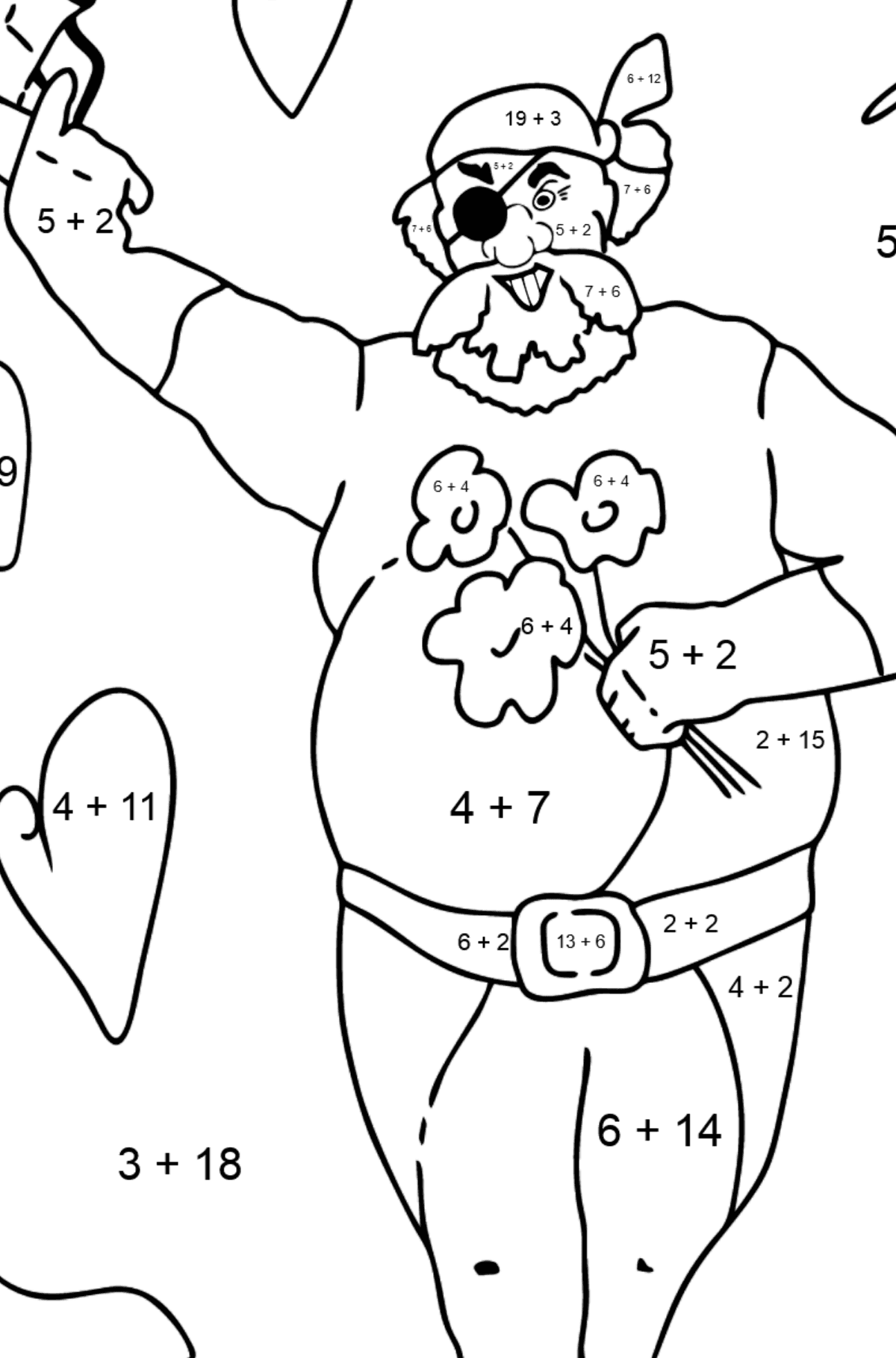 Dibujo para Colorear - Un Pirata Romántico - Colorear con Matemáticas - Sumas para Niños