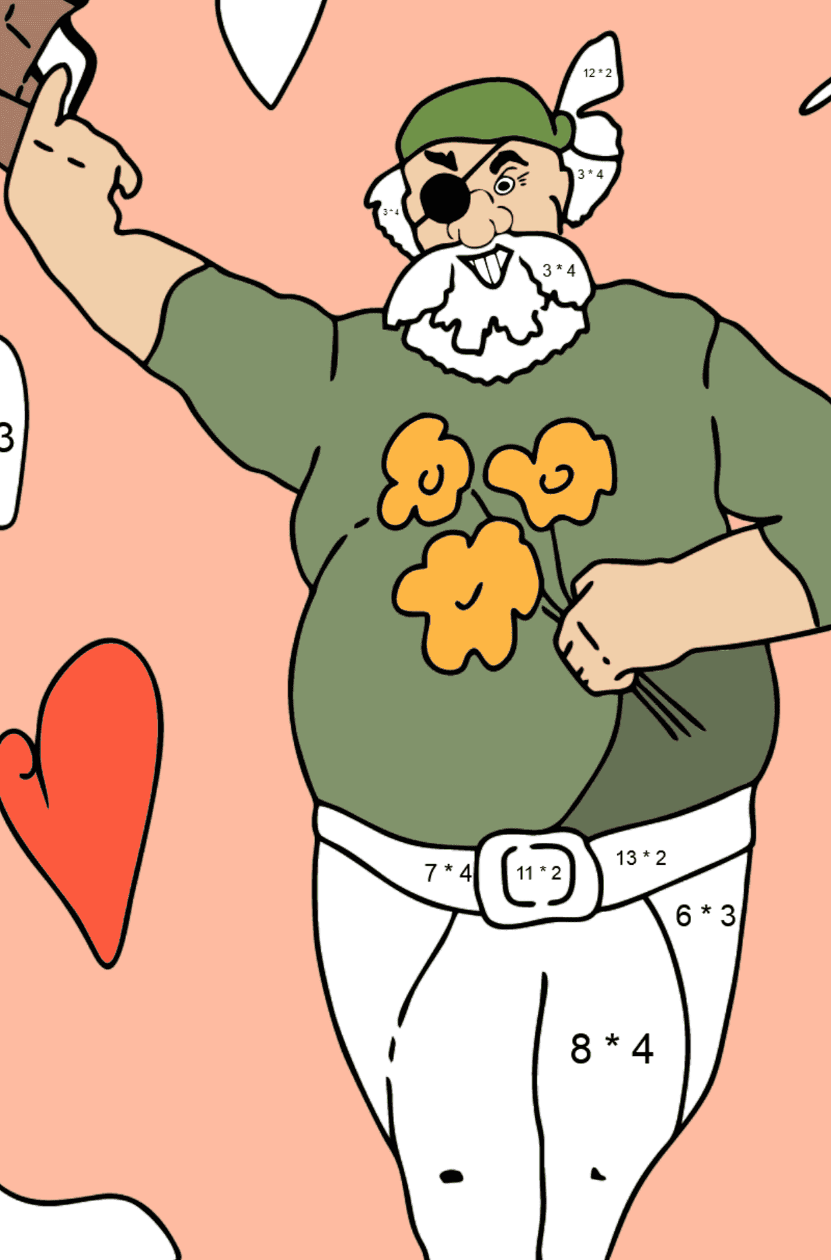 Dibujo para Colorear - Un Pirata Romántico - Colorear con Matemáticas - Multiplicaciones para Niños
