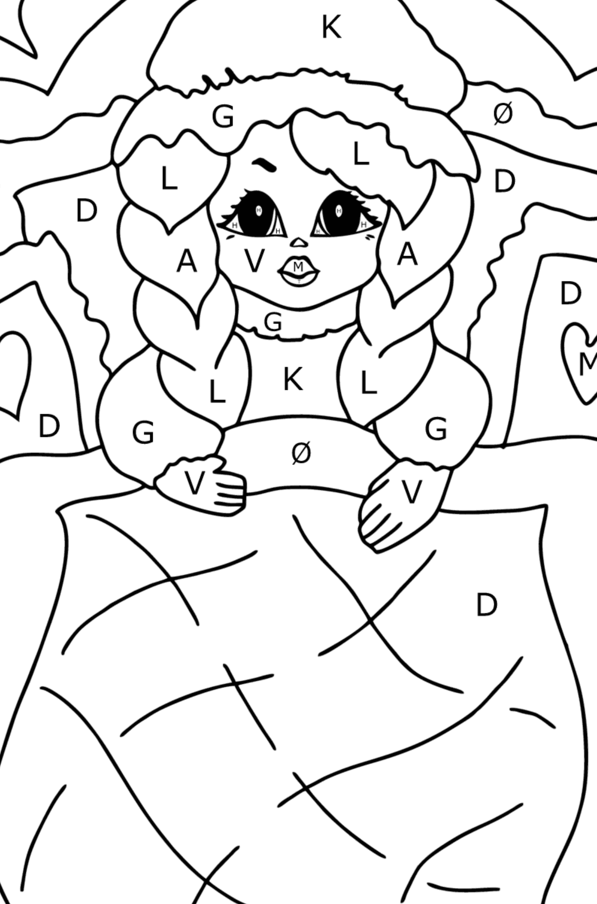 Tegning til fargelegging vennlig prinsesse (vanskelig) - Fargelegge etter bokstaver for barn