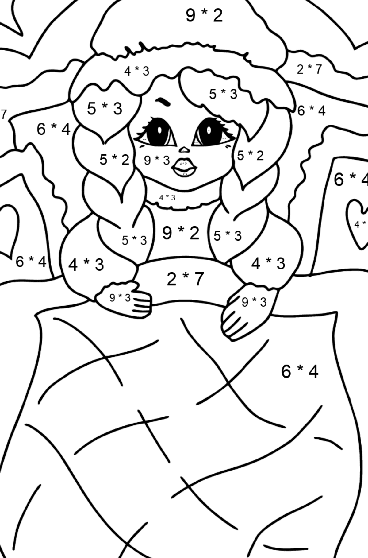 Kifestő barátságos hercegnő (bonyolult) - Matematikai színezés - szorzás gyerekeknek