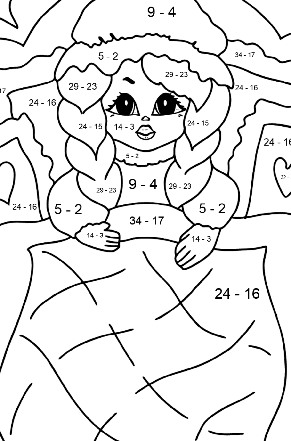 Coloring Page - A Princess in a Bed - for Girls - Math Coloring - Subtraction for Kids