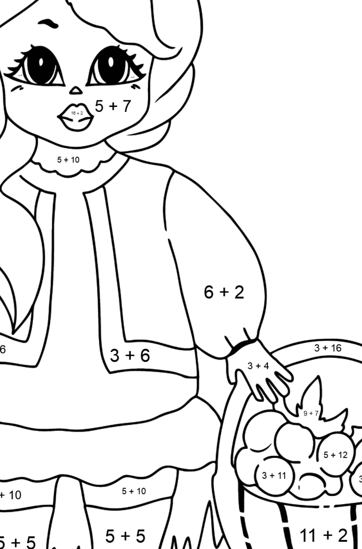 Coloring Page - A Princess with a Basket - Math Coloring - Addition for Kids