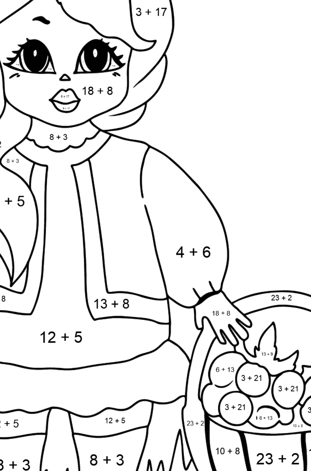 Tegning til fargelegging søtnos prinsesse (vanskelig) - Matematisk fargeleggingsside - addisjon for barn