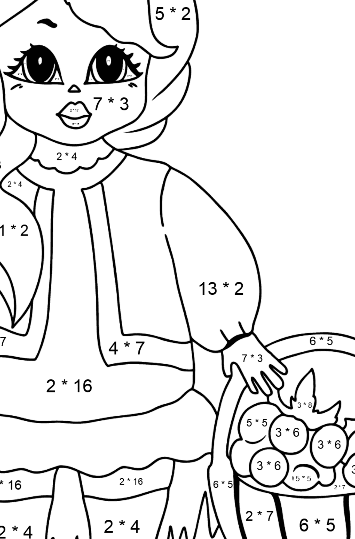 Tegning til fargelegging søtnos prinsesse (vanskelig) - Matematisk fargeleggingsside - multiplisering for barn