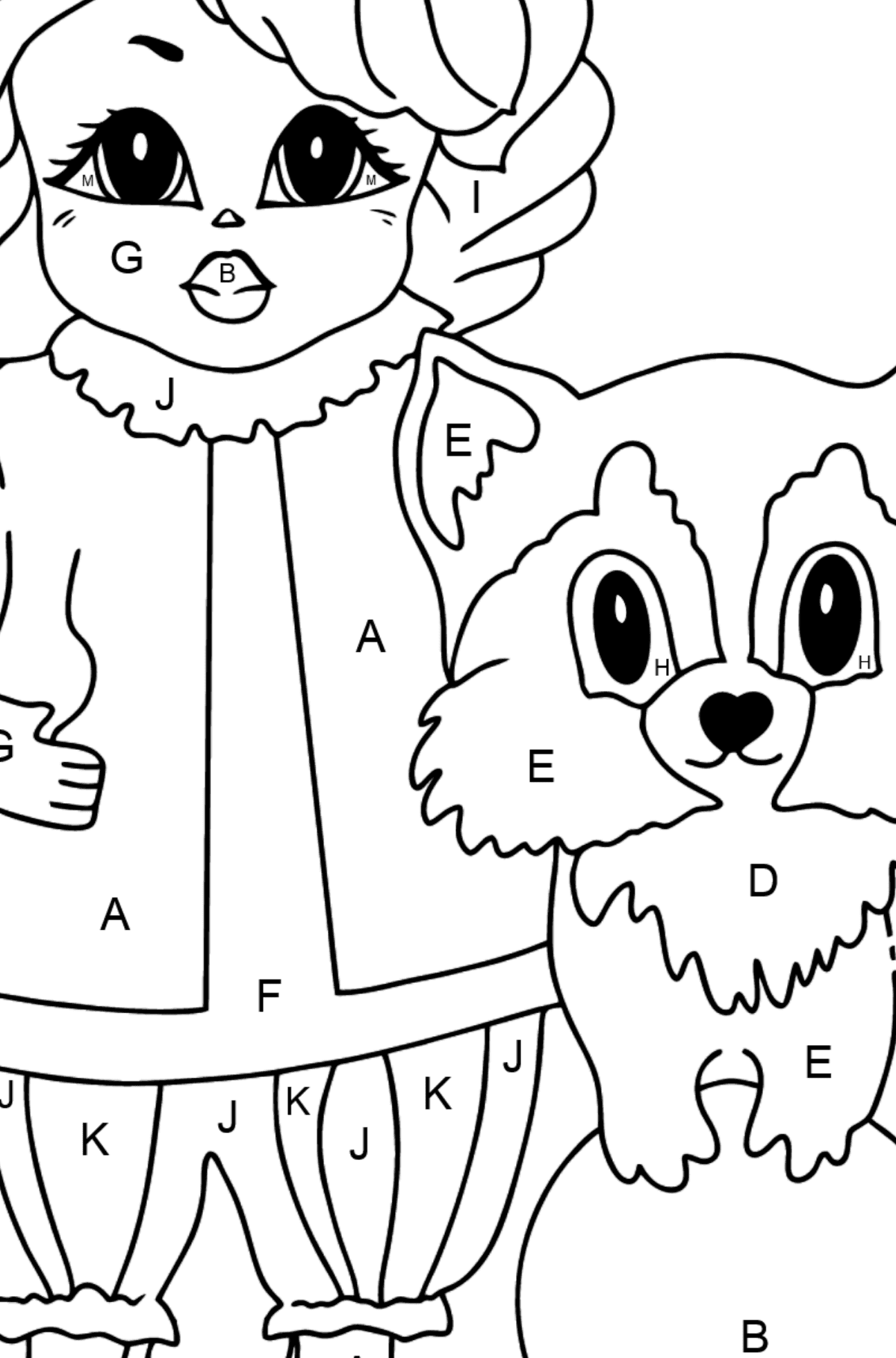 Coloring Page - A Princess with a Cat and a Racoon - Coloring by Letters for Kids
