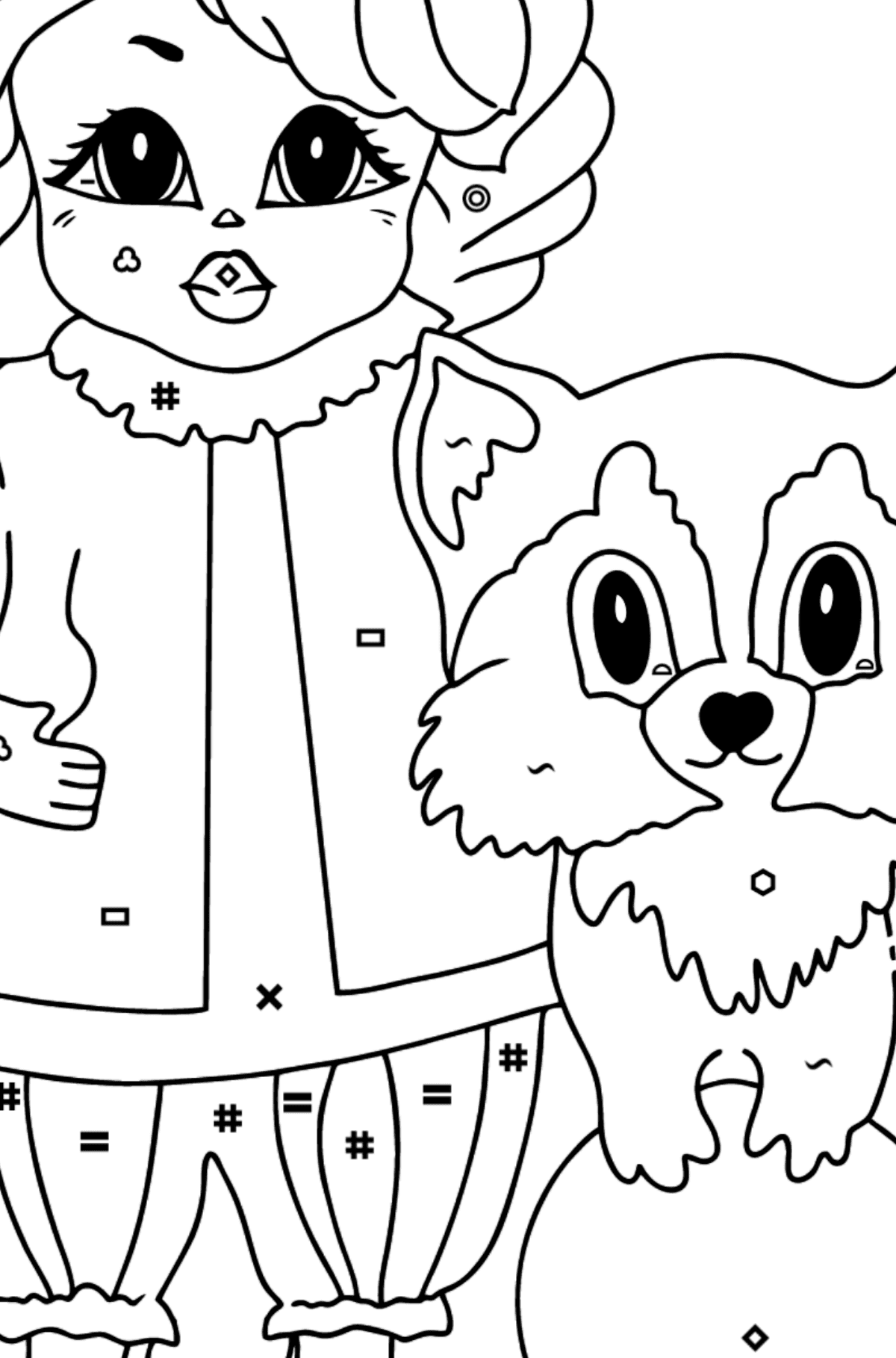 Coloring Page - A Princess with a Cat and a Racoon - Coloring by Symbols and Geometric Shapes for Kids