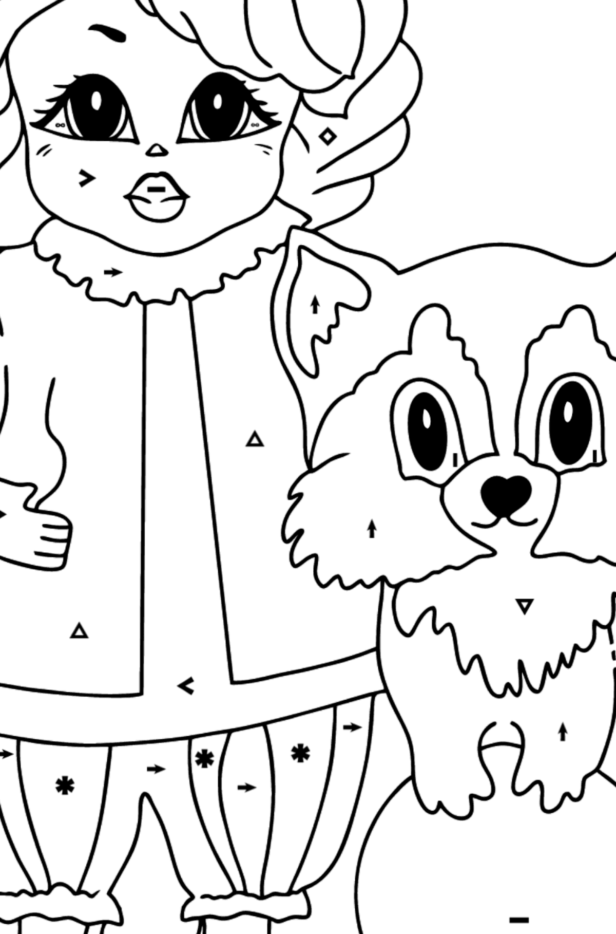 Coloring Page - A Princess with a Cat and a Racoon - Coloring by Symbols for Kids