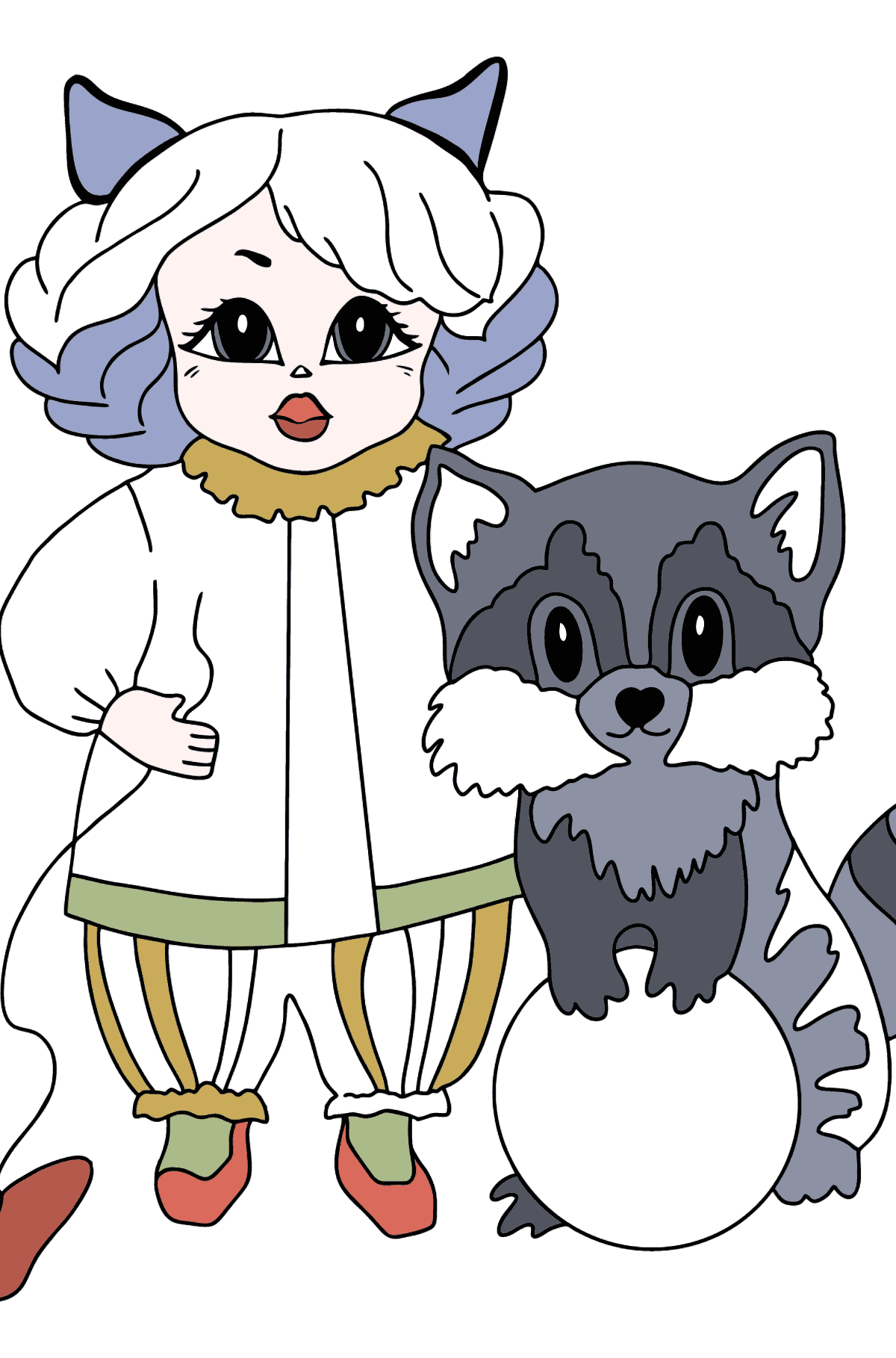 Coloring Page - A Princess with a Cat and a Racoon - For Girls - Coloring Pages for Kids