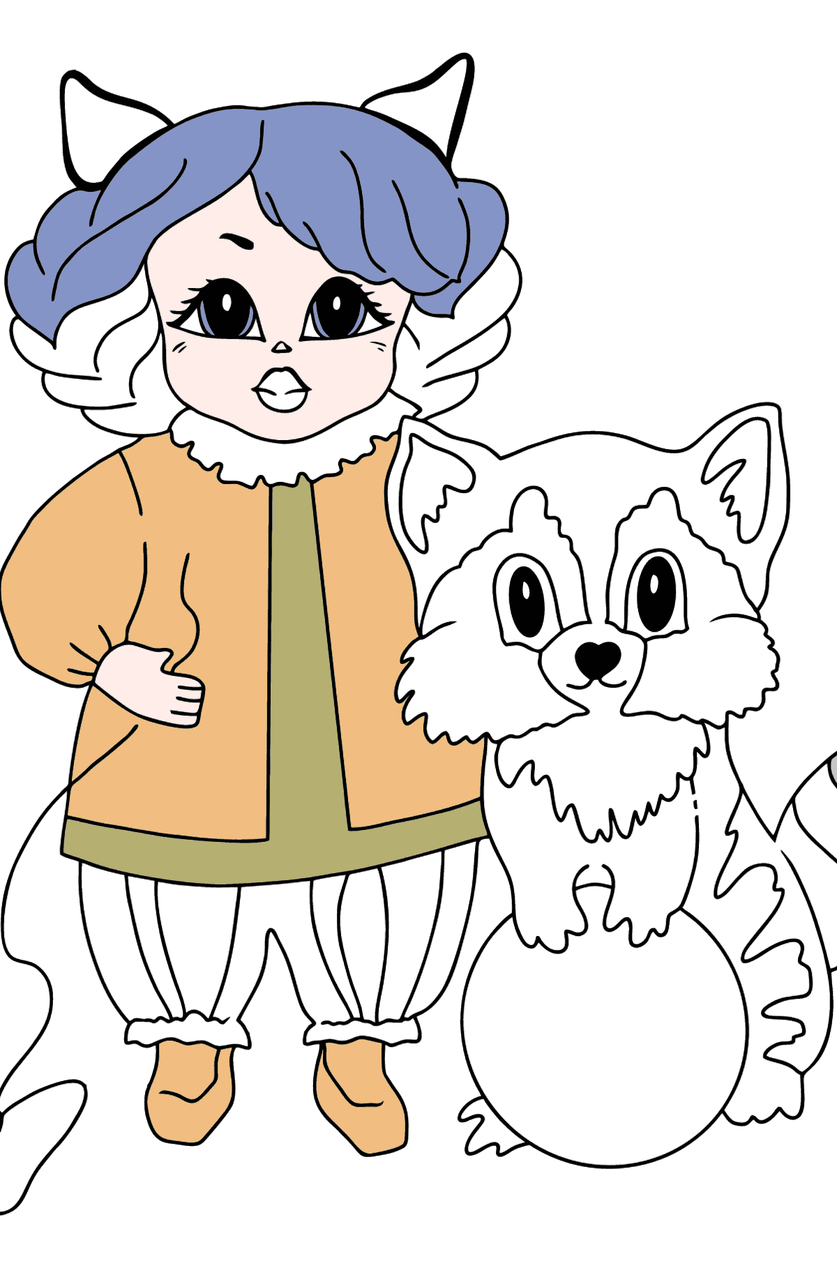 Ausmalbild - Eine Prinzessin mit einer Katze und einem Waschbär - Malvorlagen für Kinder