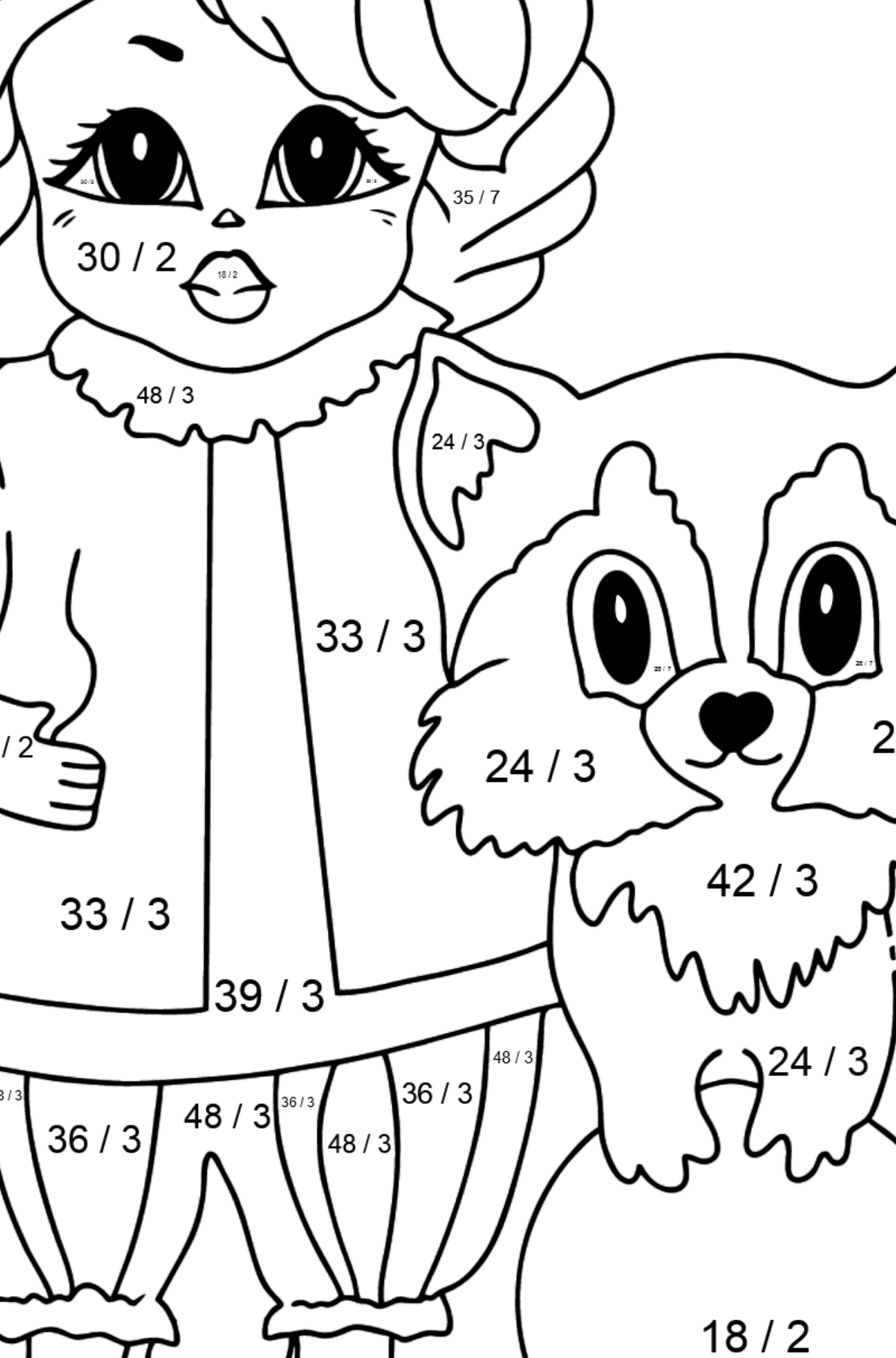 Coloring Page - A Princess with a Cat and a Racoon - Math Coloring - Division for Kids