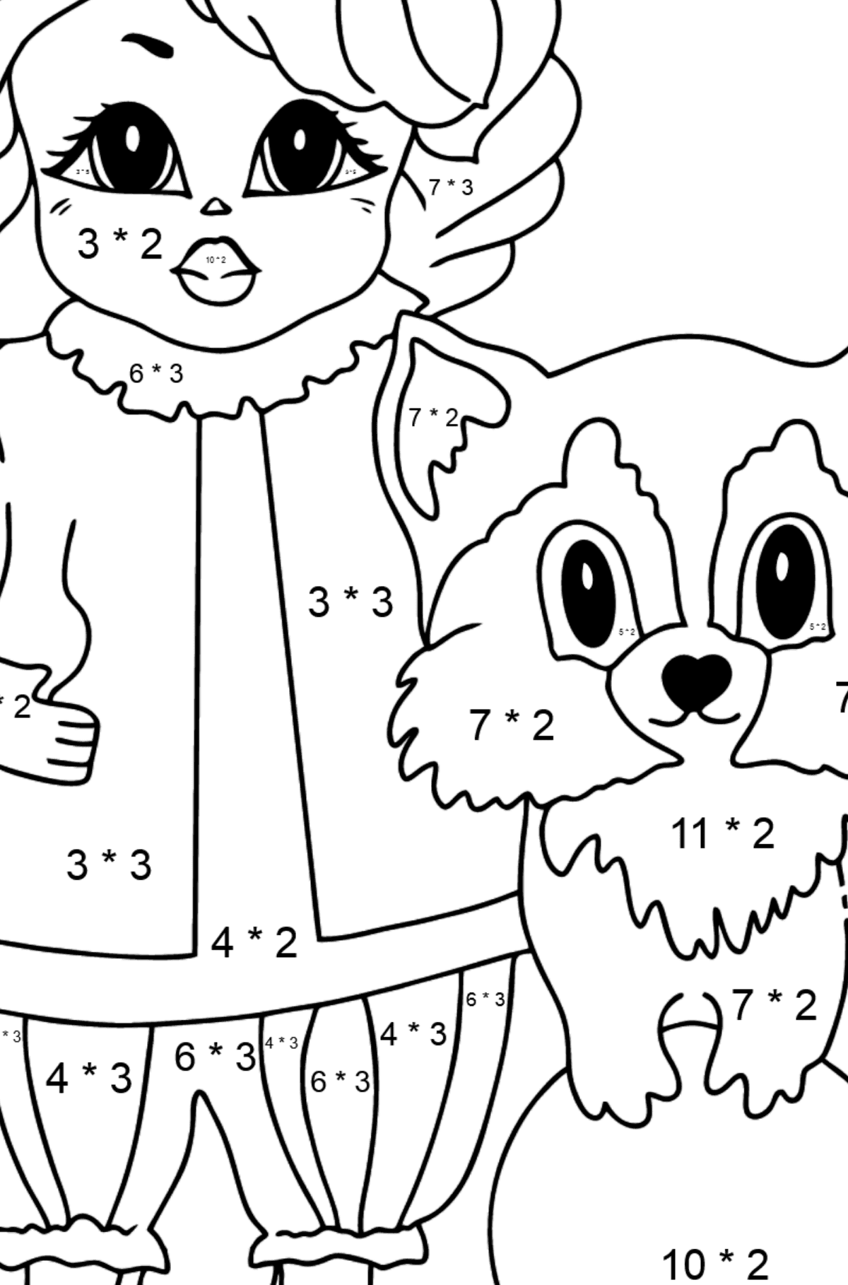 Coloring Page - A Princess with a Cat and a Racoon - Math Coloring - Multiplication for Kids
