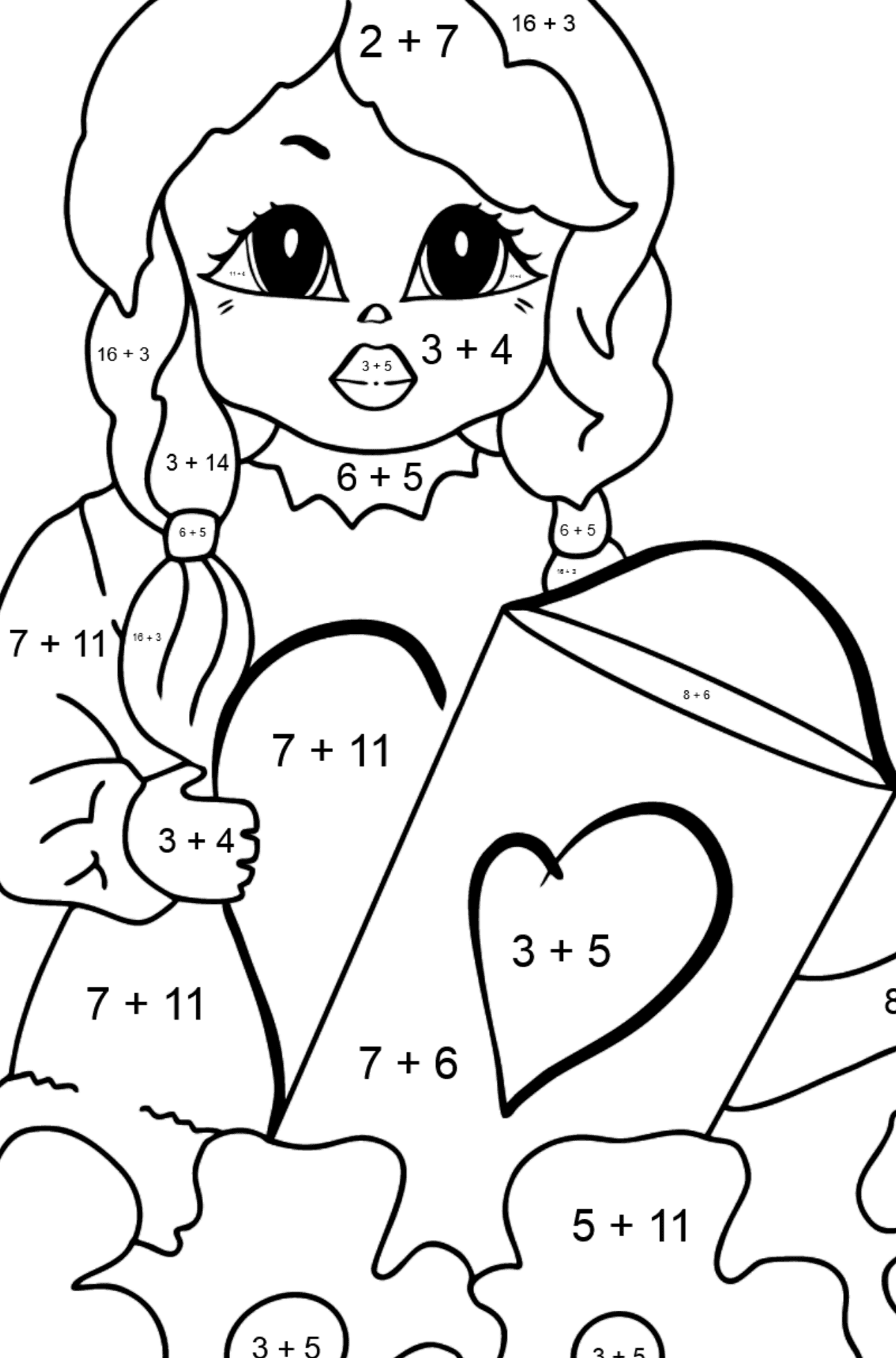 Coloring Page - A Princess with a Watering Can - Math Coloring - Addition for Kids