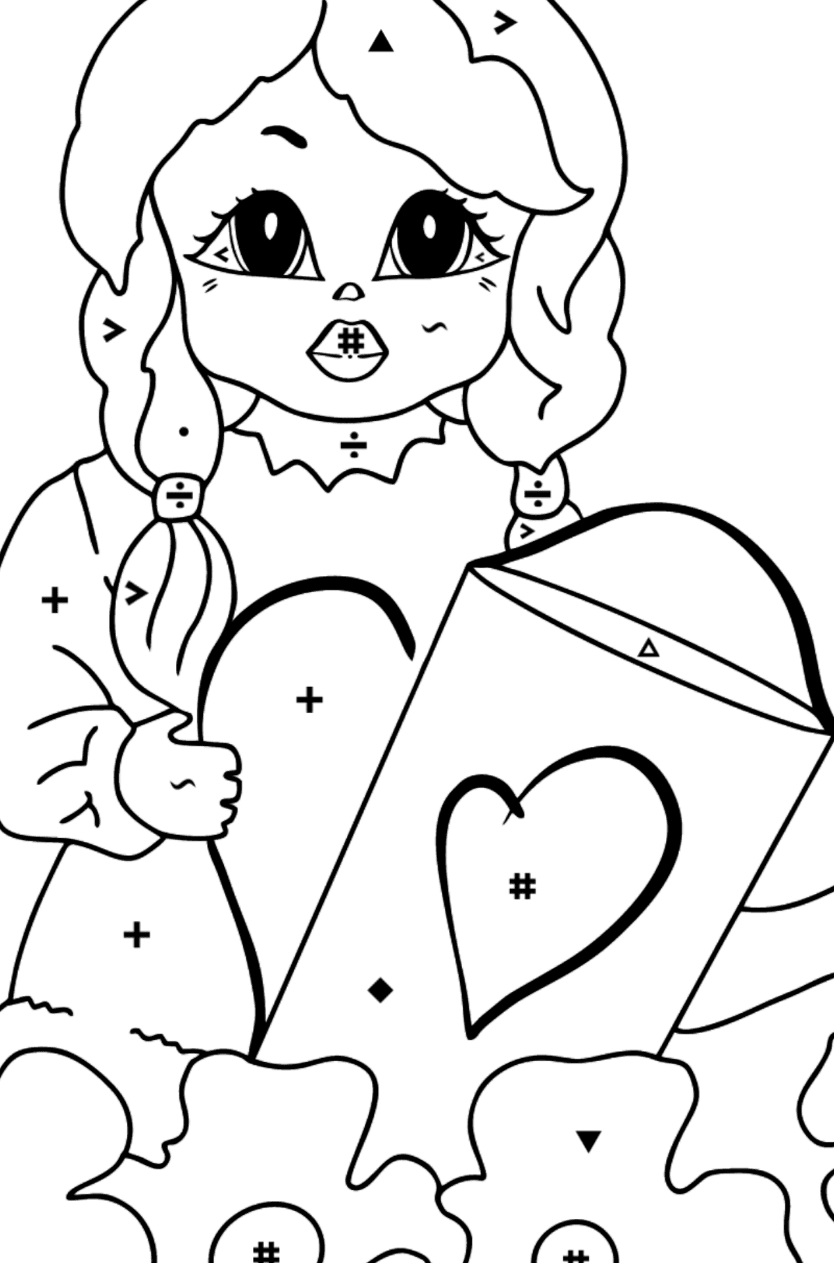 Coloring Page - A Princess with a Watering Can - Coloring by Symbols for Kids