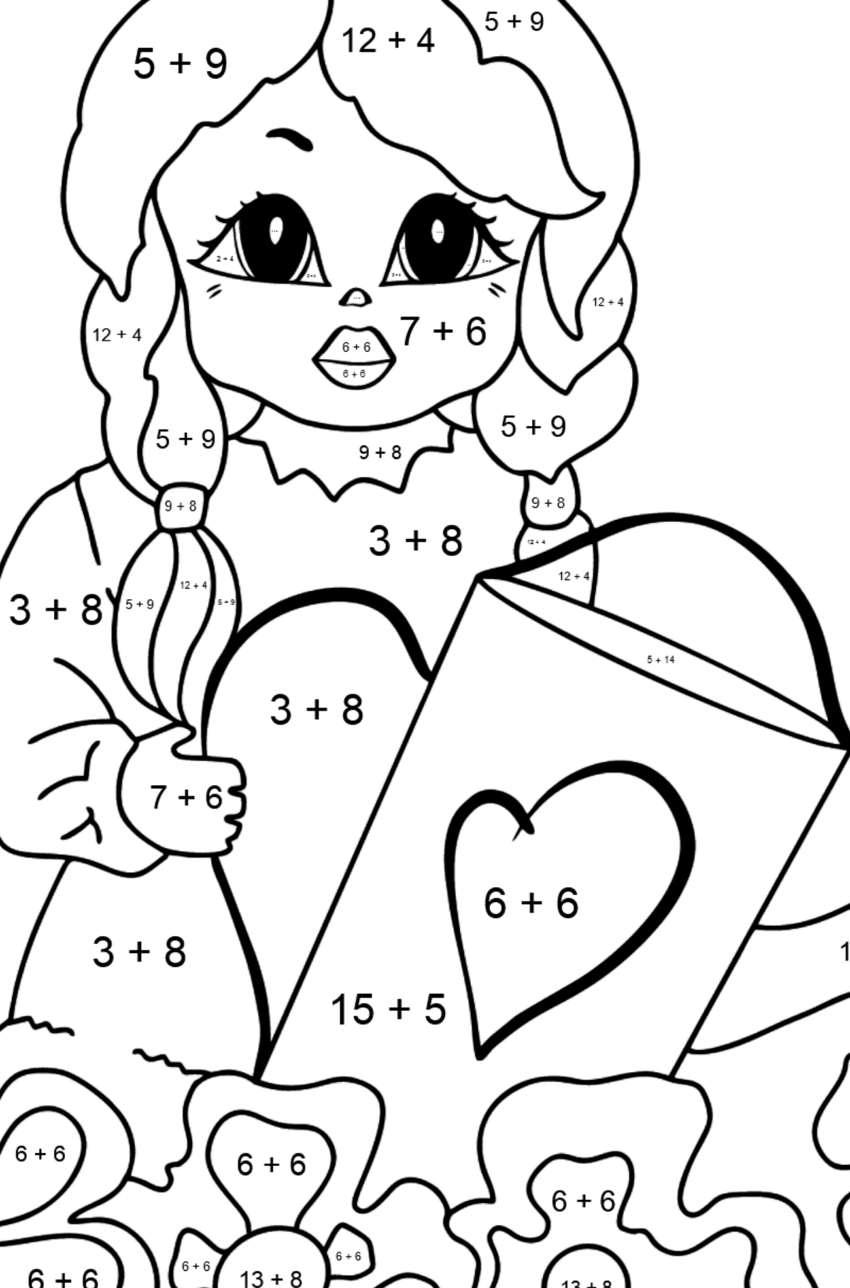 Tegning til fargelegging søt prinsesse (vanskelig) - Matematisk fargeleggingsside - addisjon for barn