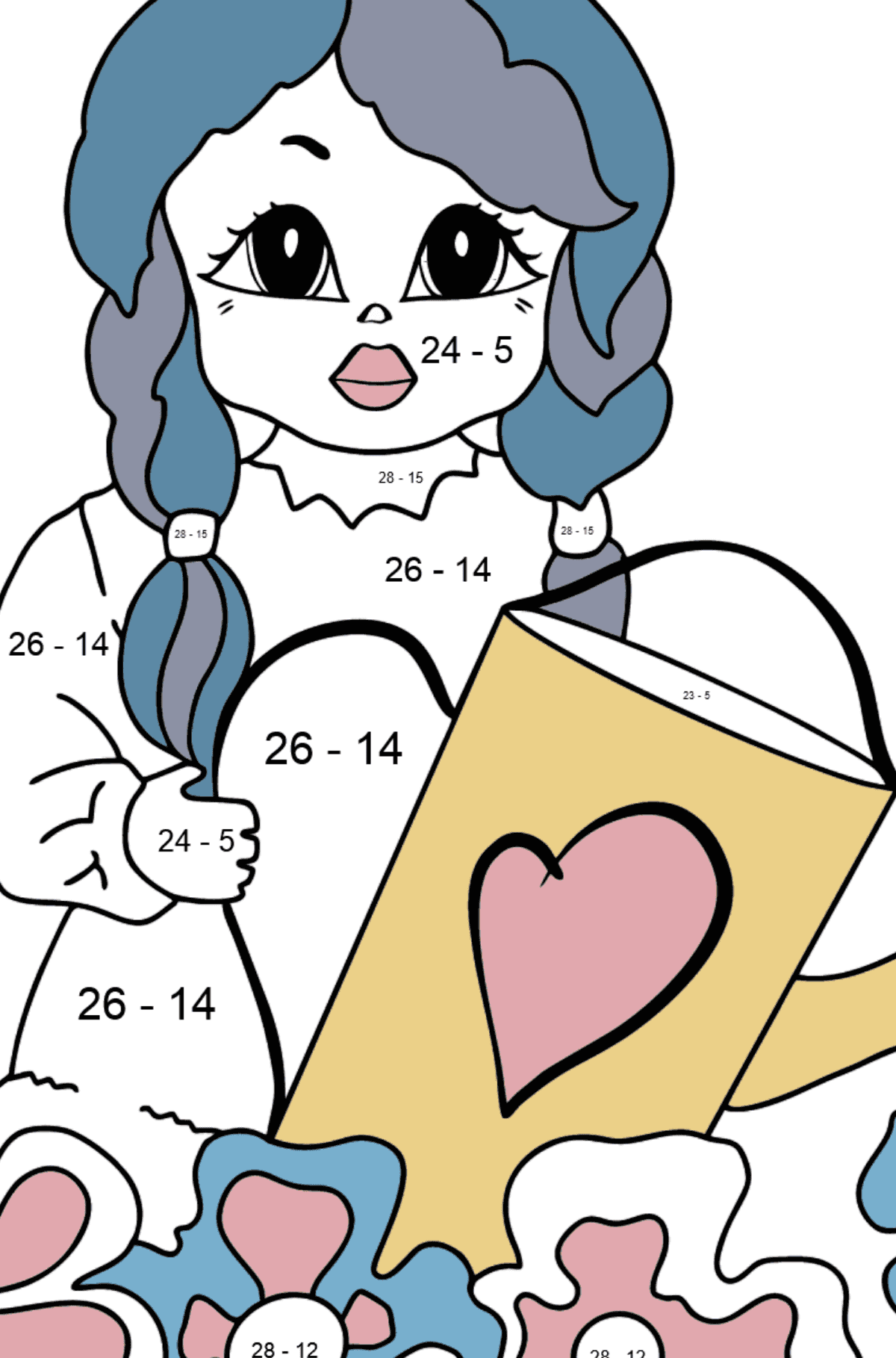 Ausmalbild - Eine Prinzessin mit der Gießkanne - Für Mädchen - Mathe Ausmalbilder - Subtraktion für Kinder