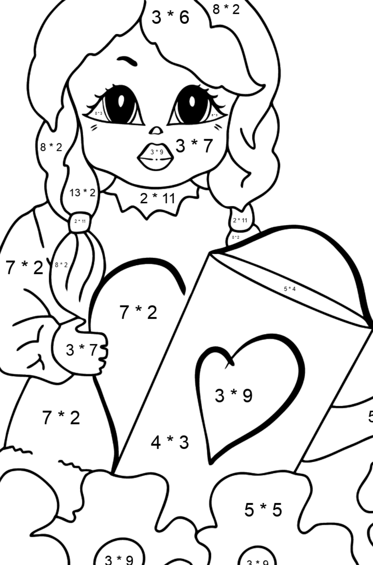 Coloring Page - A Princess with a Watering Can - Math Coloring - Multiplication for Kids