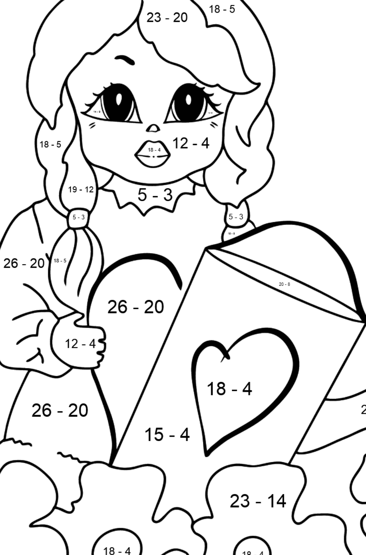 Coloring Page - A Princess with a Watering Can - Math Coloring - Subtraction for Kids