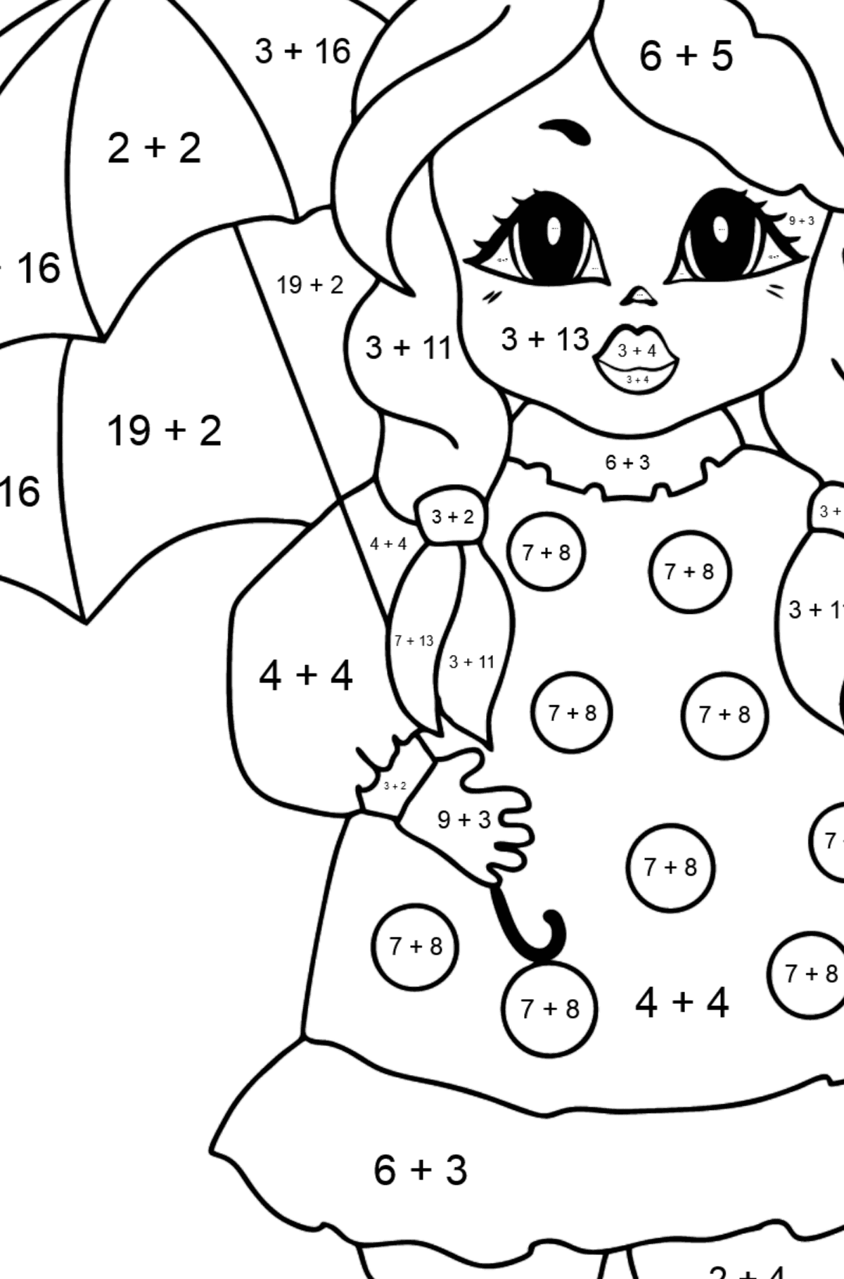 Kifestő bájos hercegnő (bonyolult) - Matematikai színezés - összeadás gyerekeknek