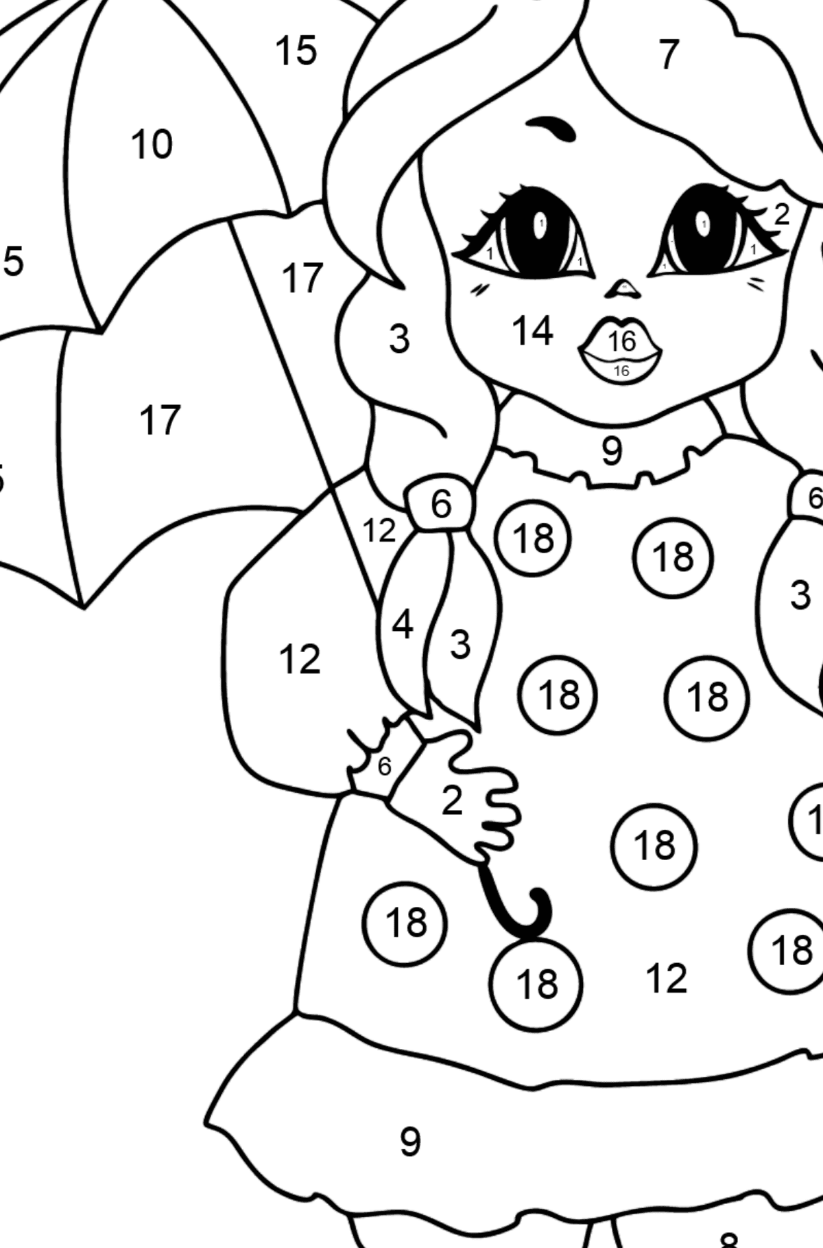 Coloring Page - A Princess with an Umbrella - For Girls - Coloring by Numbers for Kids